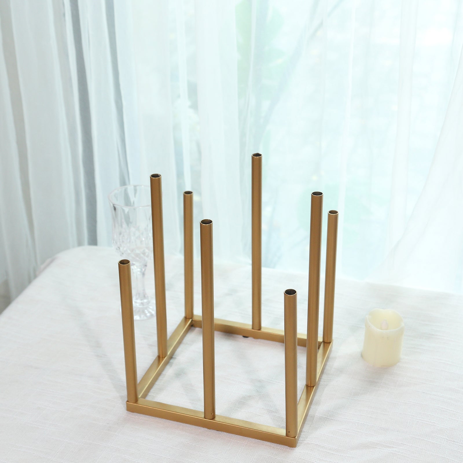 Flower Vase Gold Metal Minimalist 8-Tubes Square Base Design - Single Stem Bud Centerpiece for Arrangements 10"