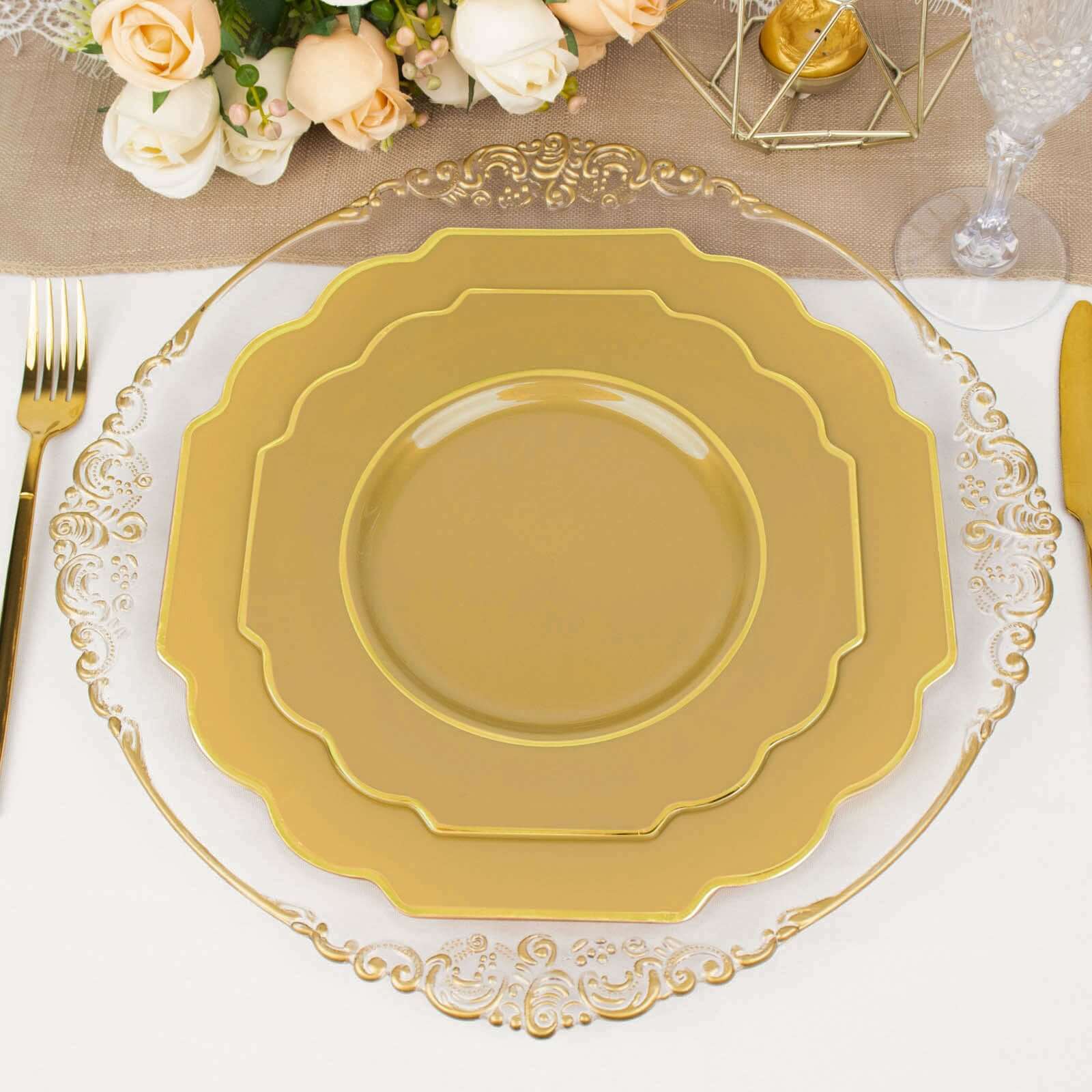 10-Pack Plastic Dessert Appetizer Plates in Gold Baroque Design with Scalloped Gold Rim - Heavy Duty Disposable Salad Plates 8"