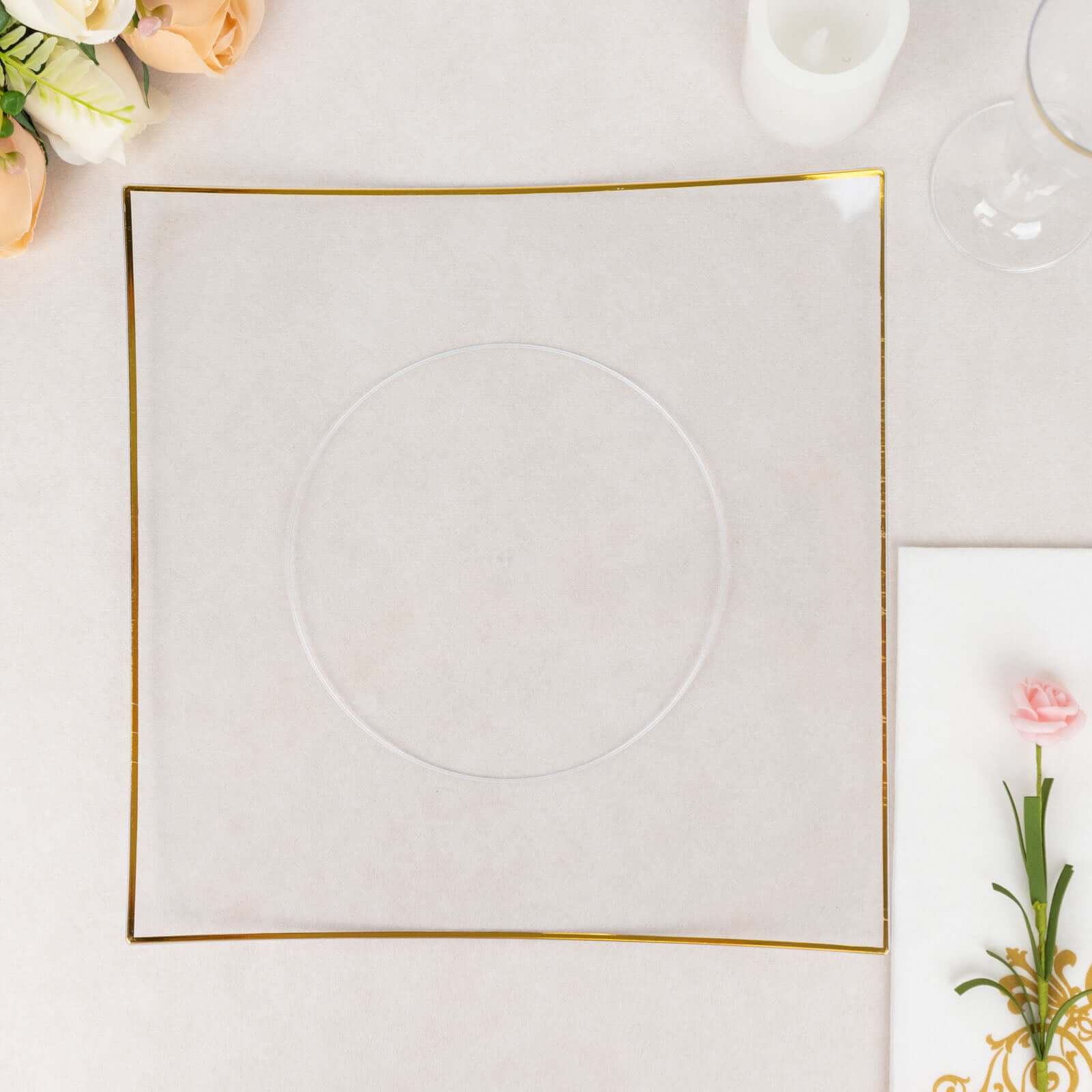 10-Pack Plastic 10" Square Dinner Plates in Clear Concave Style with Gold Rim - Modern Disposable Party Plates