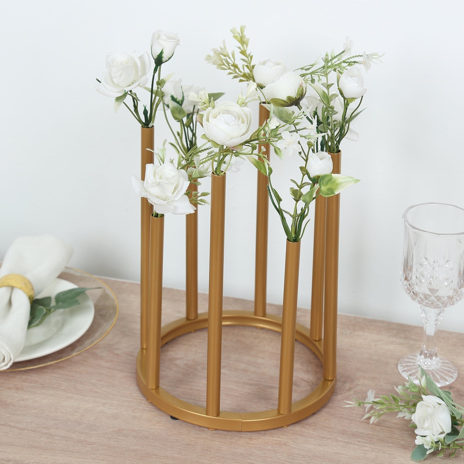 Flower Vase Gold Metal Minimalist 8-Tubes Round Base Design - Single Stem Bud Centerpiece for Arrangements 10"