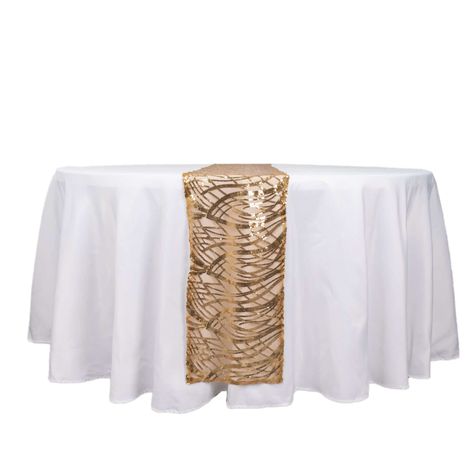 Sequin Mesh 12"x108" Table Runner Gold Wave Embroidered Design for Stylish Occasions