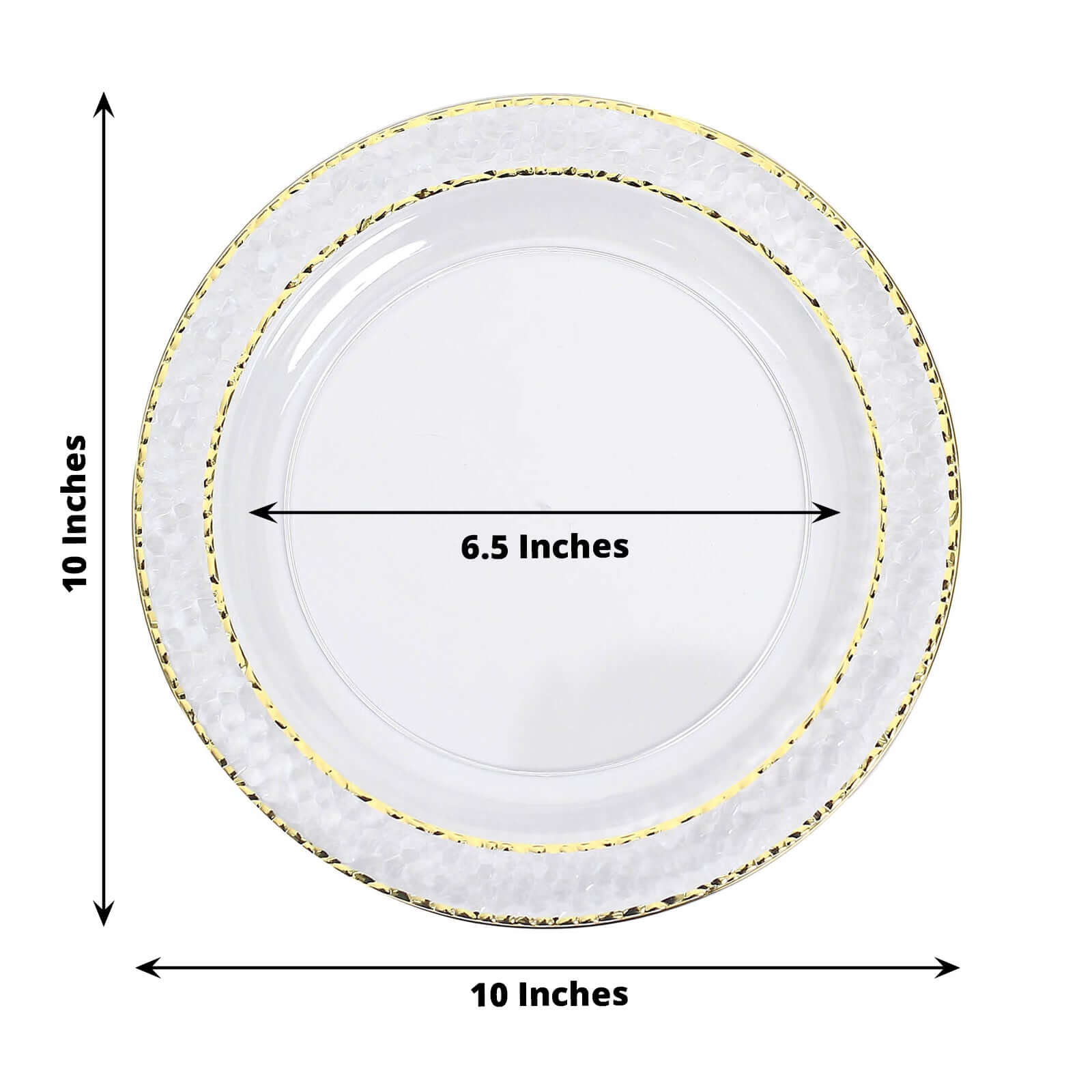 10-Pack Plastic 10" Round Dinner Plates in Clear Hammered Design with Gold Rim - Disposable Party Plates for Chic Banquets & Special Occasions