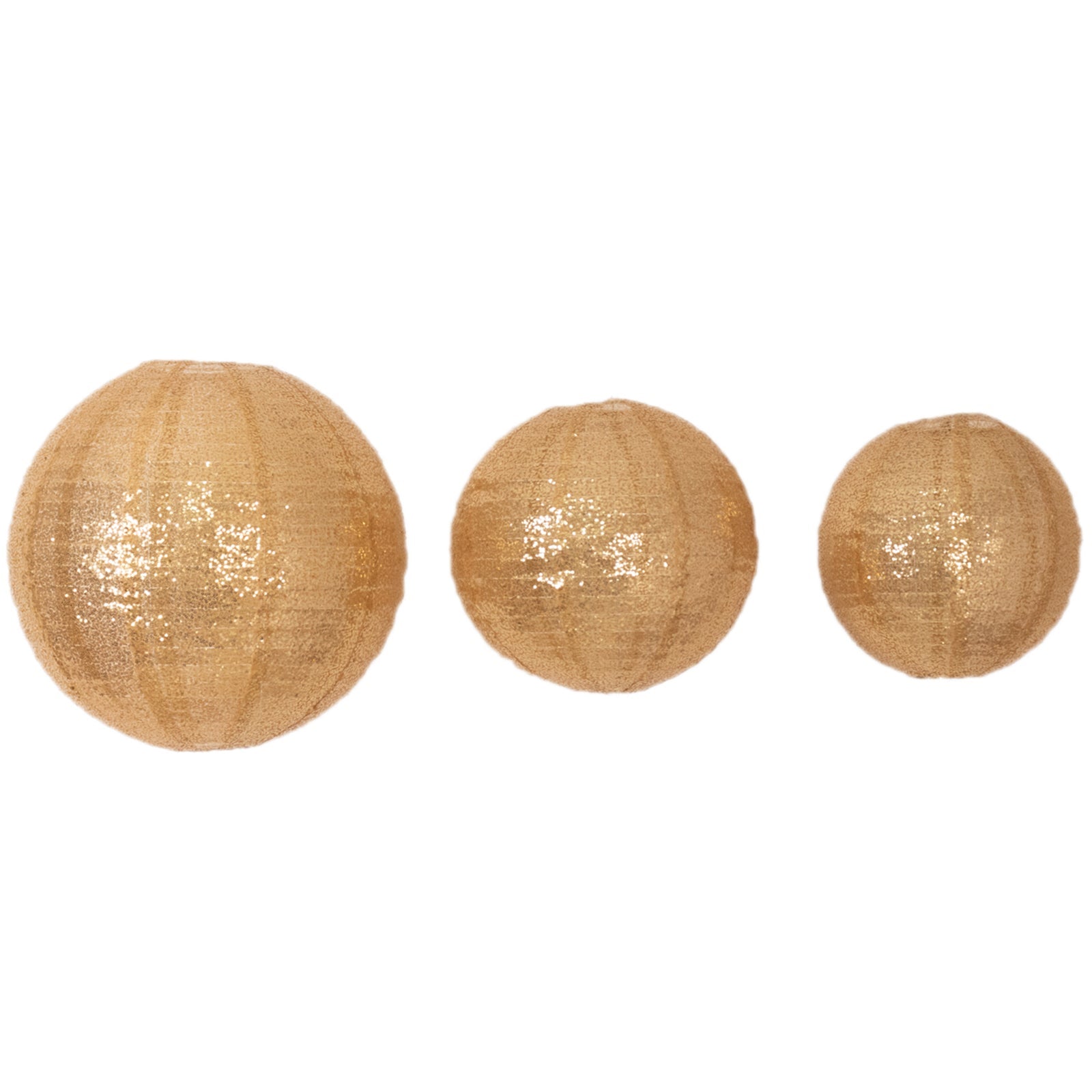 Set of 3 Glitter Gold Sequin Fabric Hanging Lanterns, Large Decorative Round Foldable Chinese Lantern Lampshades - 14",16",20"