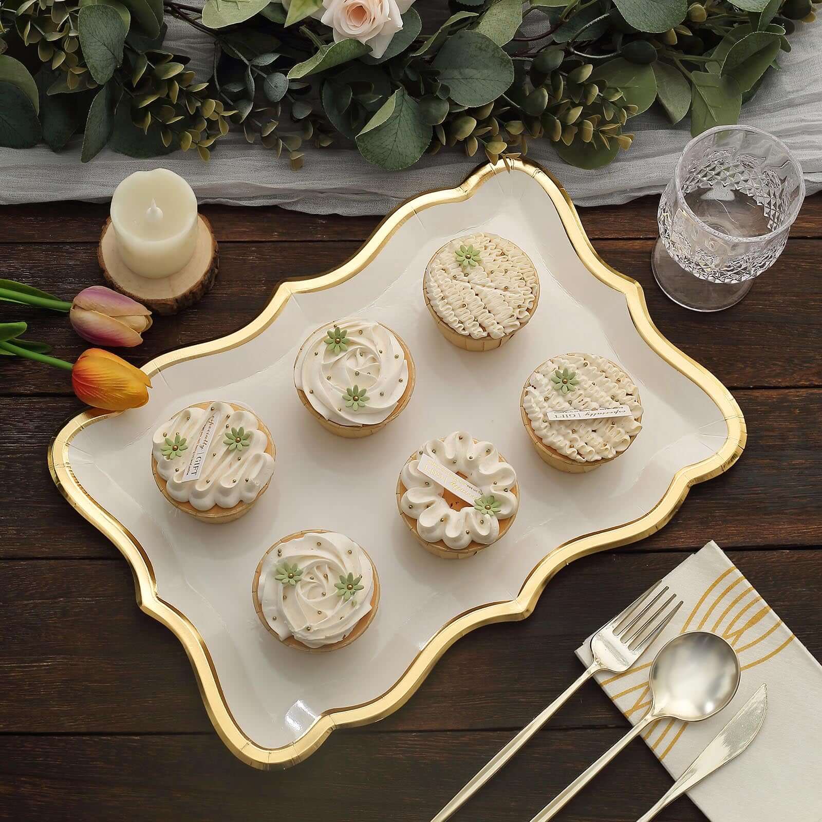 10-Pack Paper 14"x10" Rectangle Serving Trays White with Gold Rim for Weddings & Parties