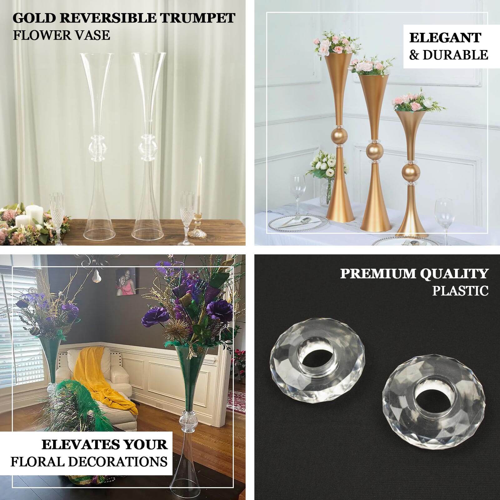 2 Pack 31" Clear Crystal Embellishment Trumpet Flower Vase, Reversible Plastic Table Centerpiece