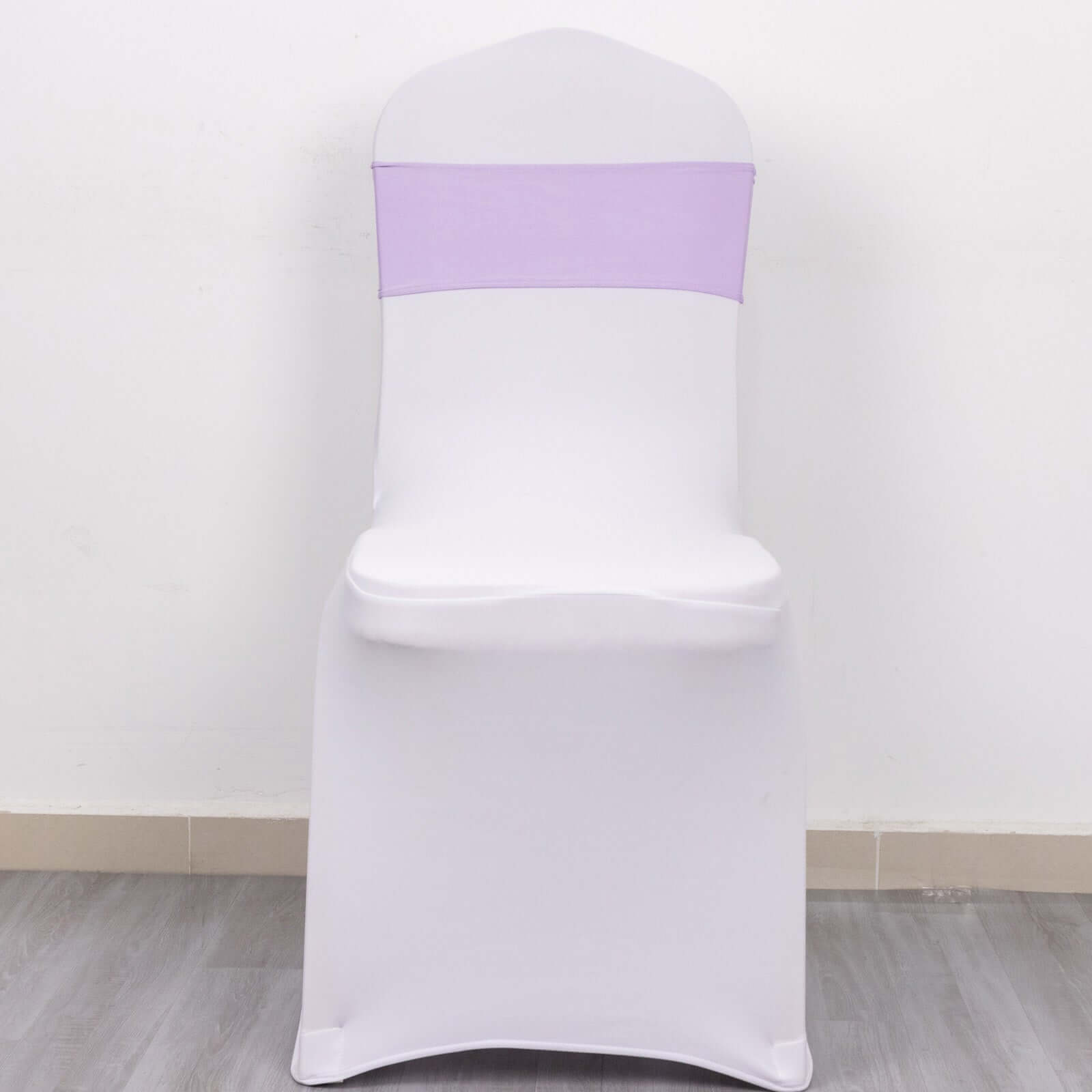 5 Pack Stretch Spandex Chair Sashes Lavender Lilac - Reusable Chair Bands with Silver Diamond Ring Slide Buckle 5"x14"