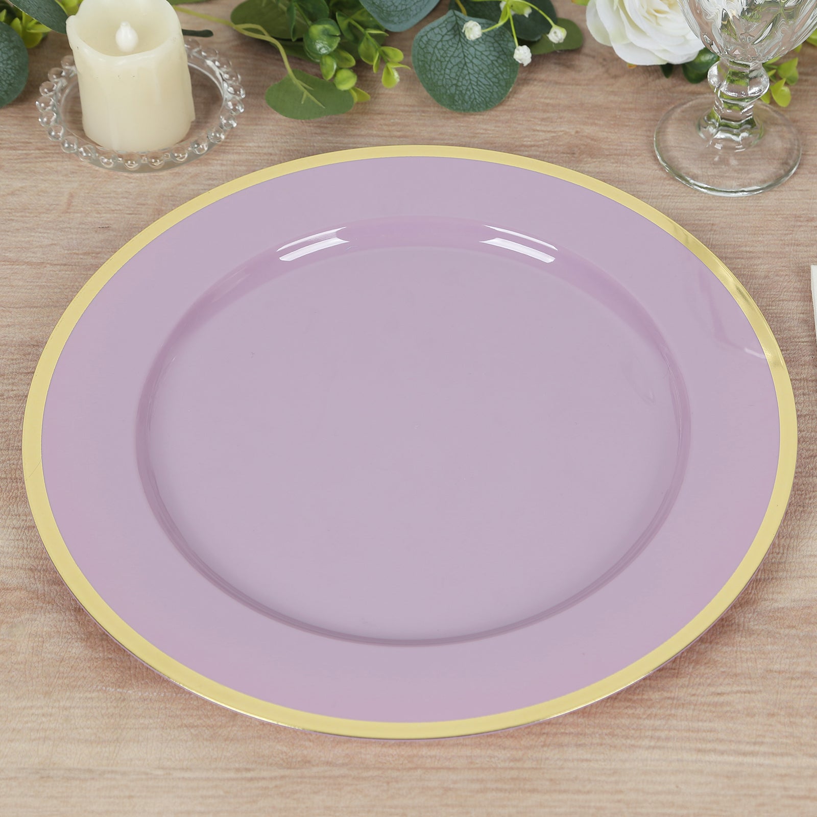 10-Pack Economy Plastic Round Charger Plates 12" in Lavender Lilac with Wide Gold Rim, Decorative Dinner Party Serving Plates