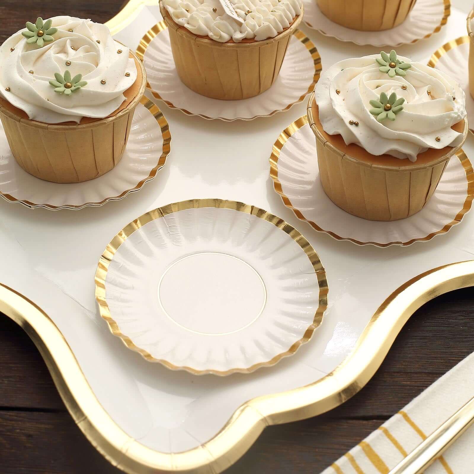 50-Pack Paper 3.5" Round Party Plates in White with Gold Scalloped Rim - Disposable Mini 250GSM Dessert Plates for Tapas, Appetizers & Finger Foods