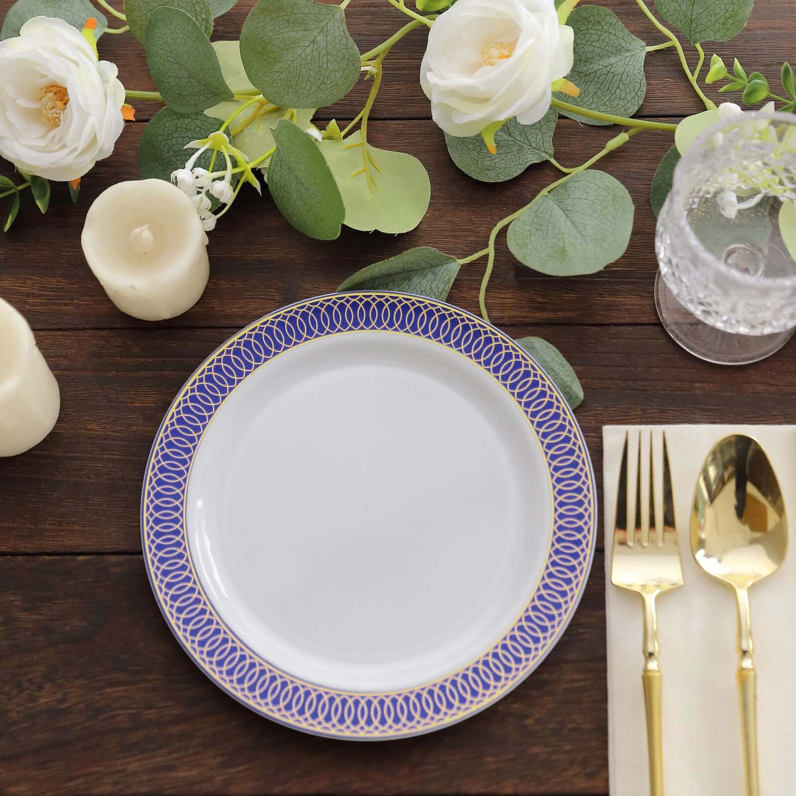 10-Pack Plastic Round Dessert Plates 7" White with Navy Blue Gold Spiral Rim - Disposable Salad Plates