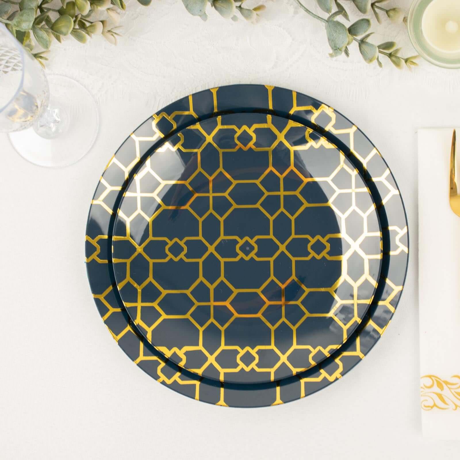 20-Pack Set Plastic Round Dinner and Salad Plates in Navy Blue with Geometric Gold Print - Modern Disposable Dinnerware Set for Weddings & Celebrations 9", 7"
