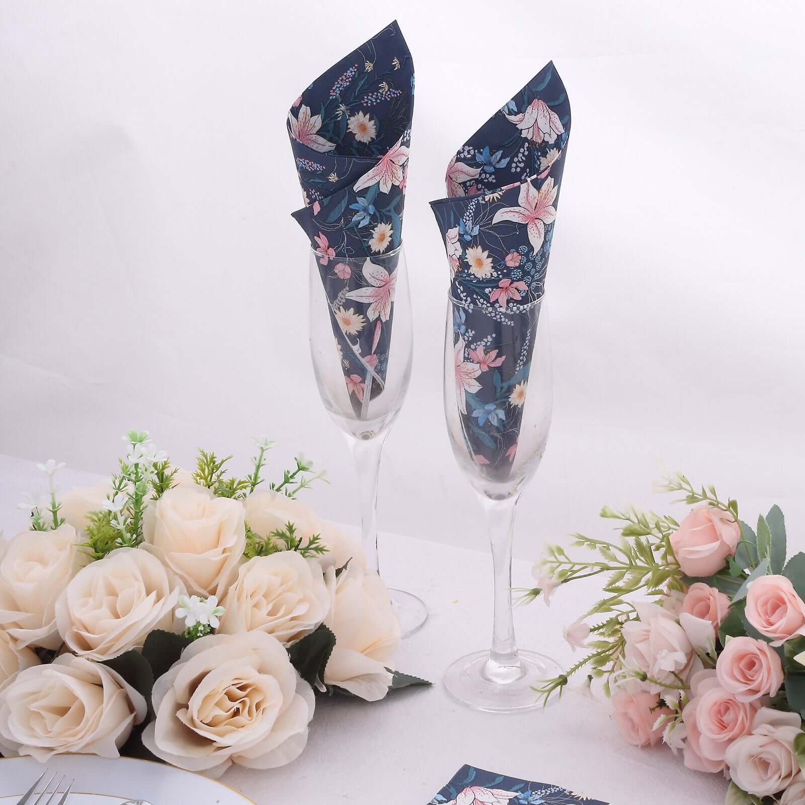 20-Pack Paper Beverage Napkins with Water Lily Floral Design Navy Blue - 2 Ply Soft 18GSM Wedding Napkins 6.5"x6.5"