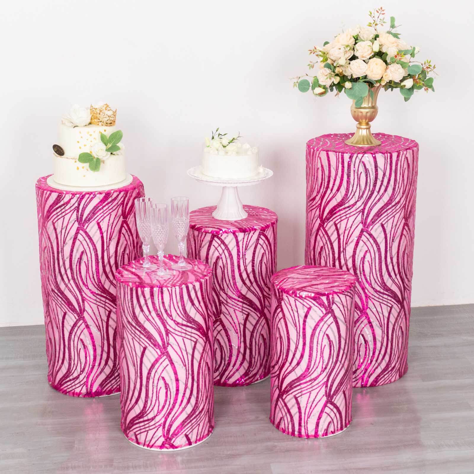 Set of 5 Fuchsia Wave Mesh Cylinder Pedestal Stand Covers with Embroidered Sequins, Pillar Prop Covers - 160 GSM