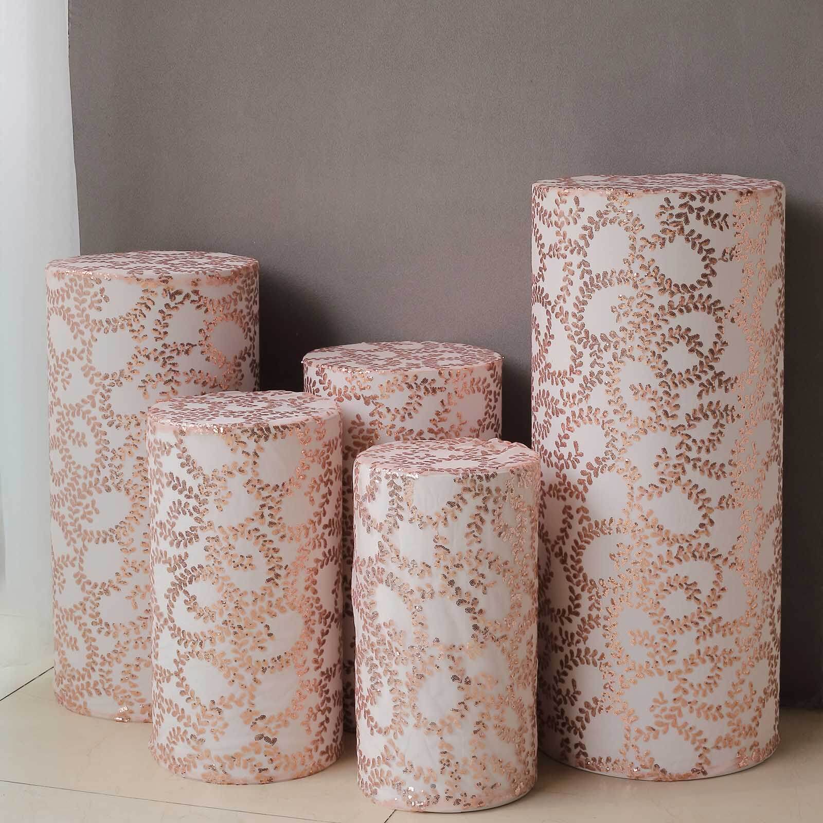 Set of 5 Rose Gold Sequin Mesh Cylinder Pedestal Stand Covers with Leaf Vine Embroidery, Sparkly Sheer Tulle Pillar Prop Covers