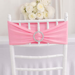 5 Pack Stretch Spandex Chair Sashes Pink - Reusable Chair Bands with Silver Diamond Ring Slide Buckle 5"x14"