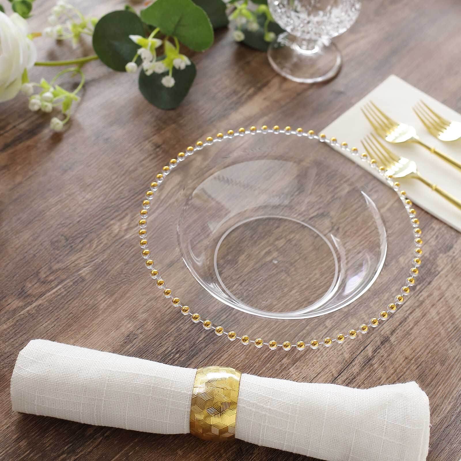 10-Pack Plastic Dessert Salad Bowls Clear Round Design with Gold Beaded Rim - Disposable Soup Bowls 12oz