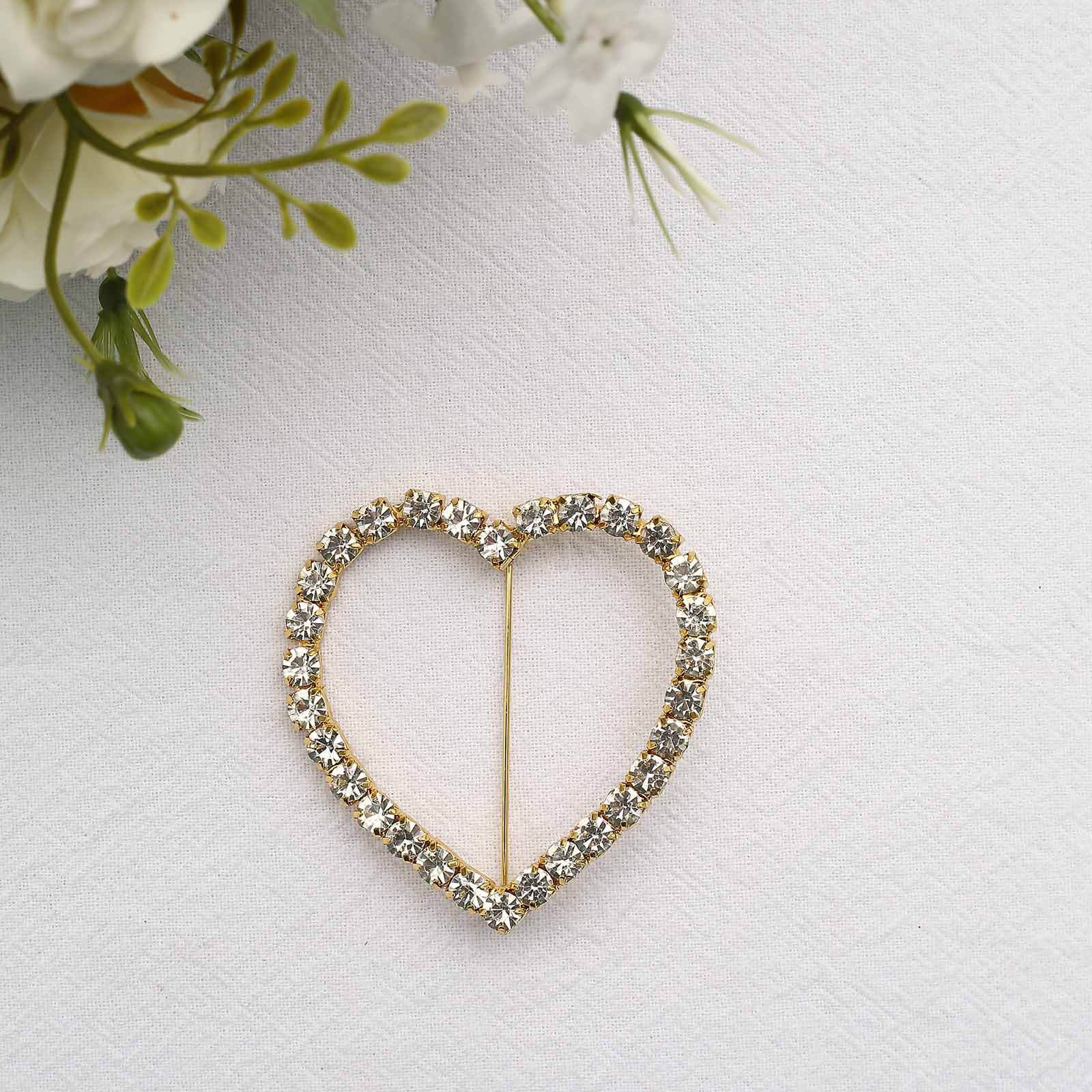 Rhinestone Chair Sash Band Buckle Gold 2" Heart Metal - Glittering Diamond Accent for Weddings & Special Events