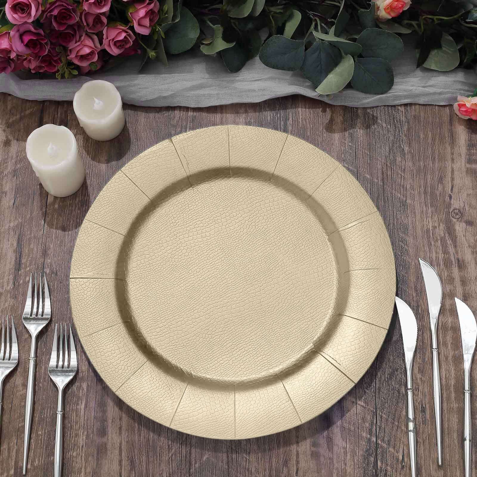 10-Pack Disposable Round Charger Plates in Champagne with Leathery Texture - Durable 1100GSM Cardboard Placemats 13"