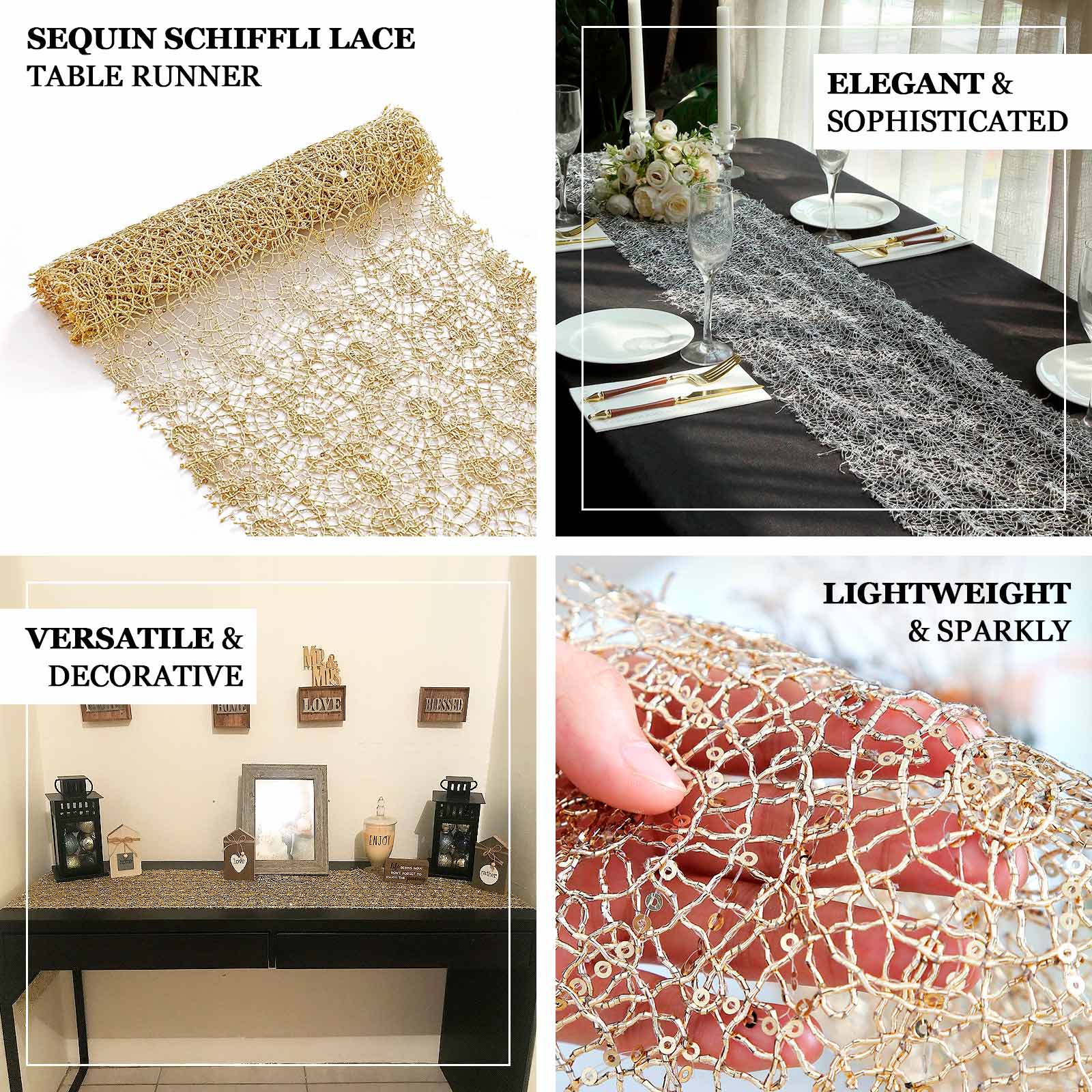 Mesh 12"x108" Table Runner Silver - Sequin Schiffli Lace Design for Stylish Celebrations