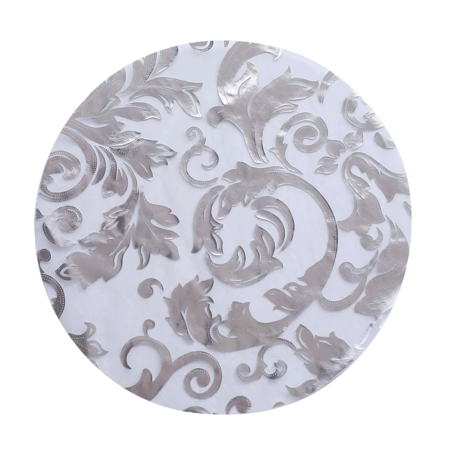 10-Pack Table Placemats Swirl Foil Floral Design Metallic Silver Round - Sheer Organza Disposable Mats 13"