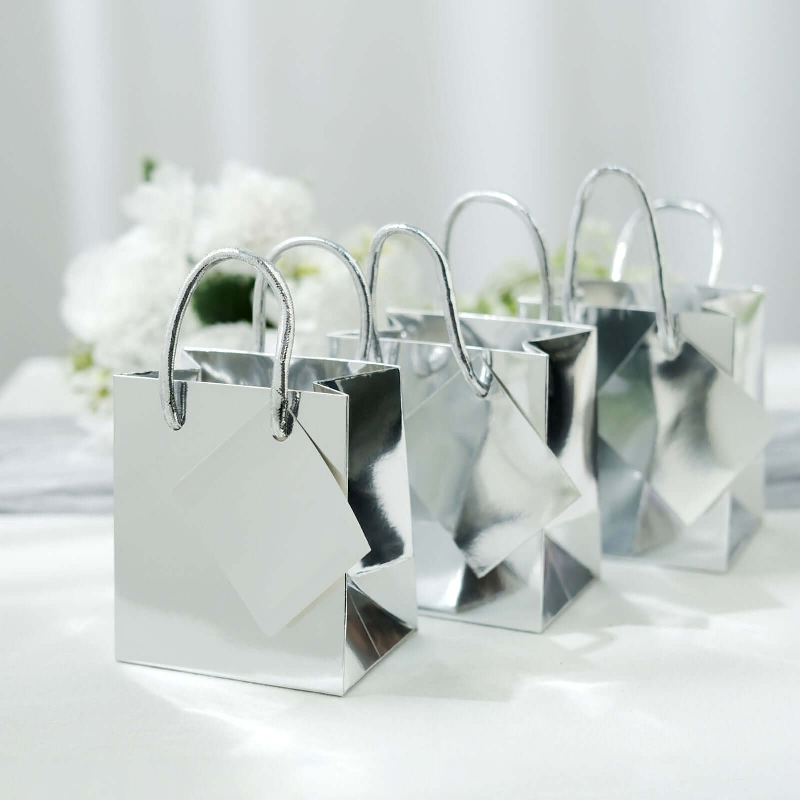 12 Pack 5" Shiny Metallic Silver Foil Paper Party Favor Bags With Handles, Small Gift Wrap Goodie Bags