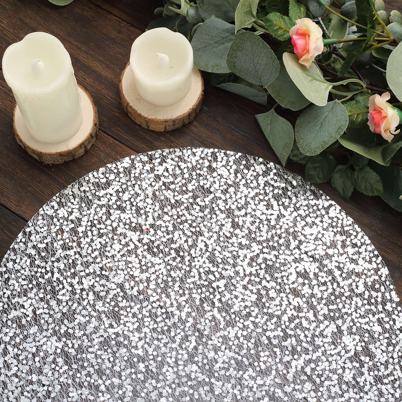 10-Pack Table Placemats Sequin Design Metallic Silver Round - Mesh Disposable Dust-Free Dining Mats 13"