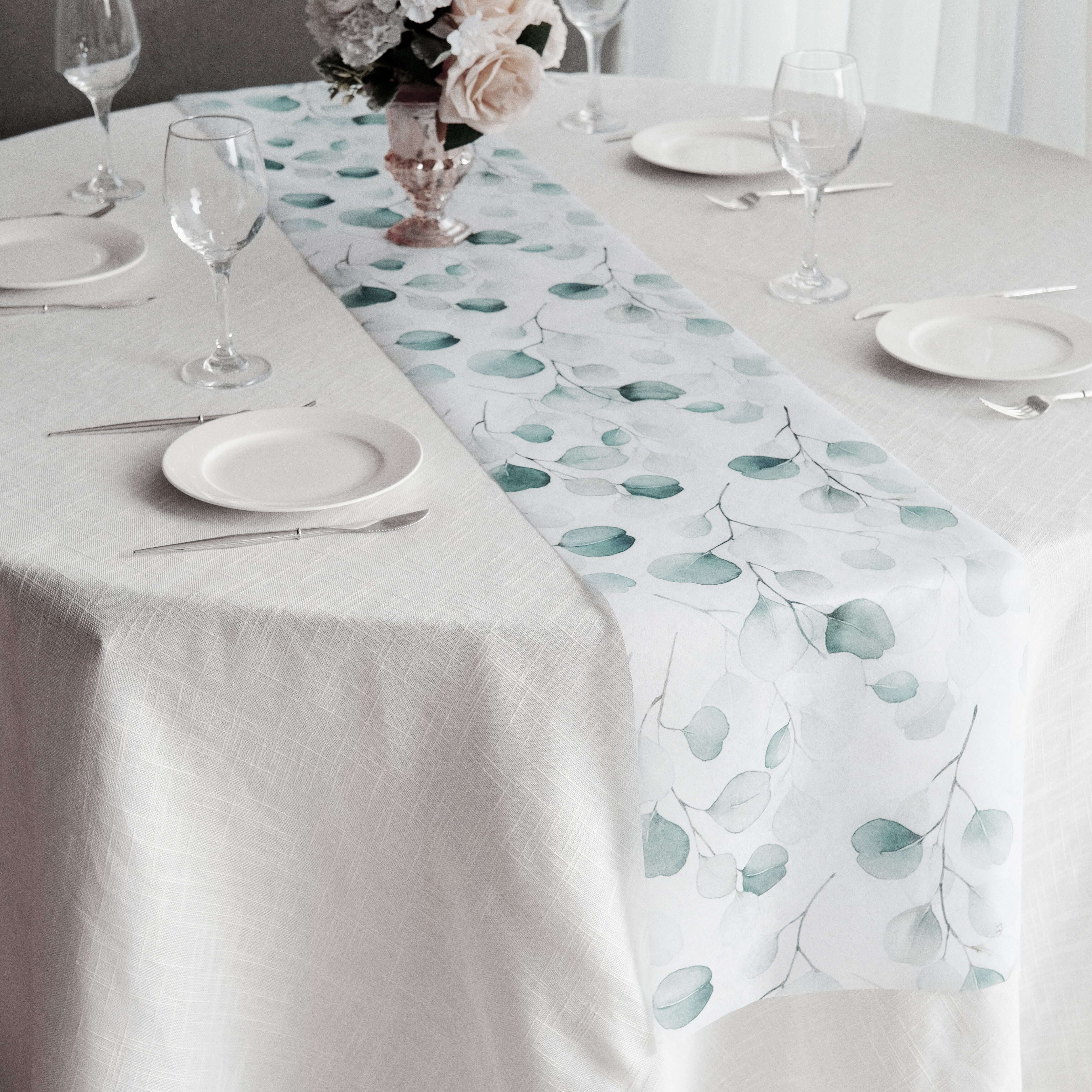 Disposable Table Runner 11"x108" White with Green Eucalyptus Leaves Print - Non-woven Stylish Spring Summer Dining Decor