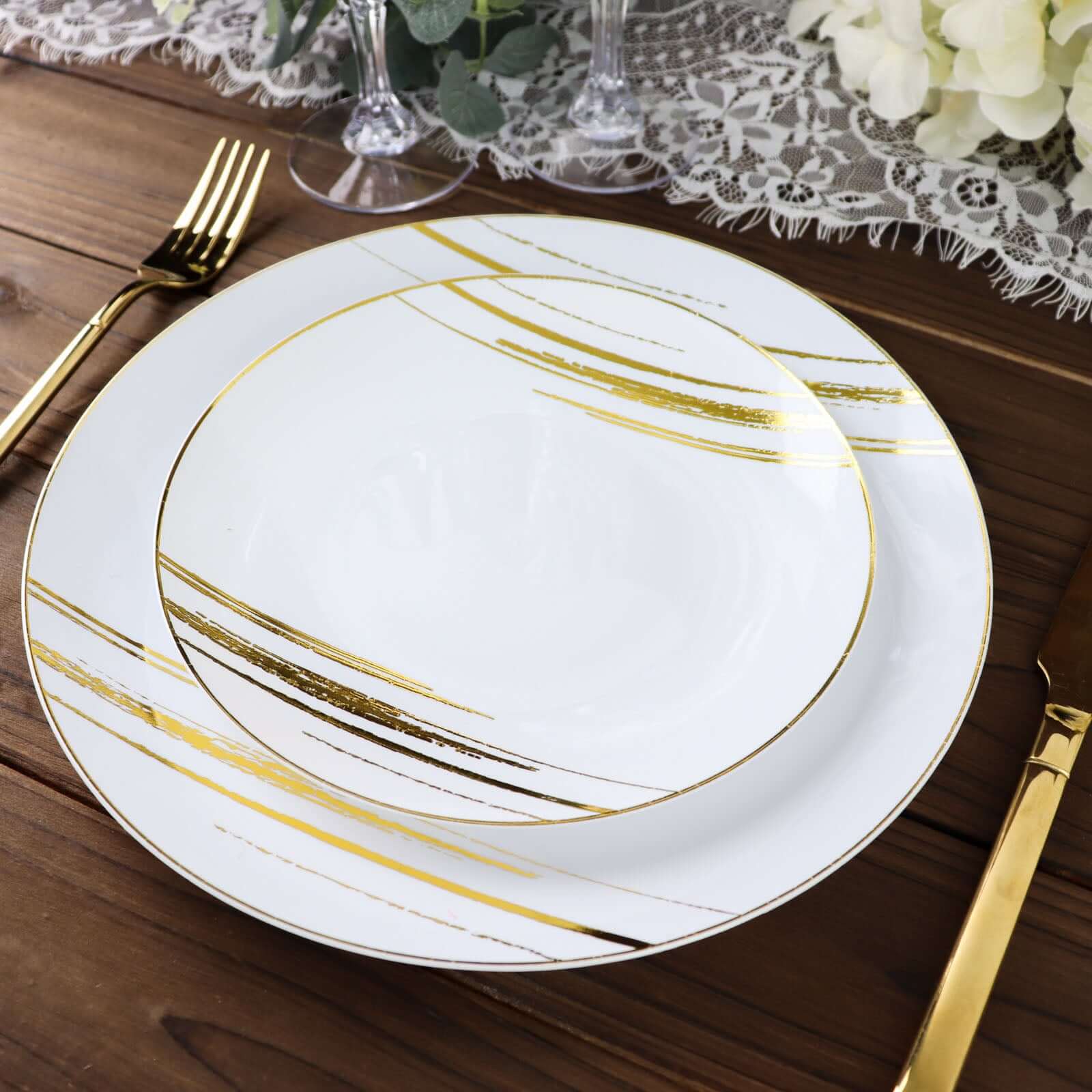 10-Pack Plastic 7" Round Dessert Plates in White with Gold Brush Stroked Print - Disposable Appetizer Salad Plates