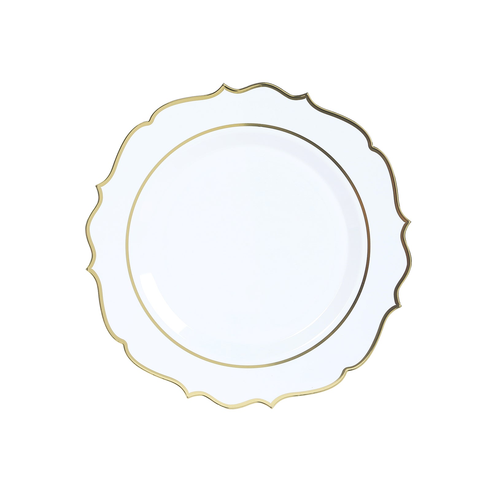 10-Pack Economy Plastic Round Charger Plates 13" in White with Gold Scalloped Rim, Decorative Dinner Party Serving Plates