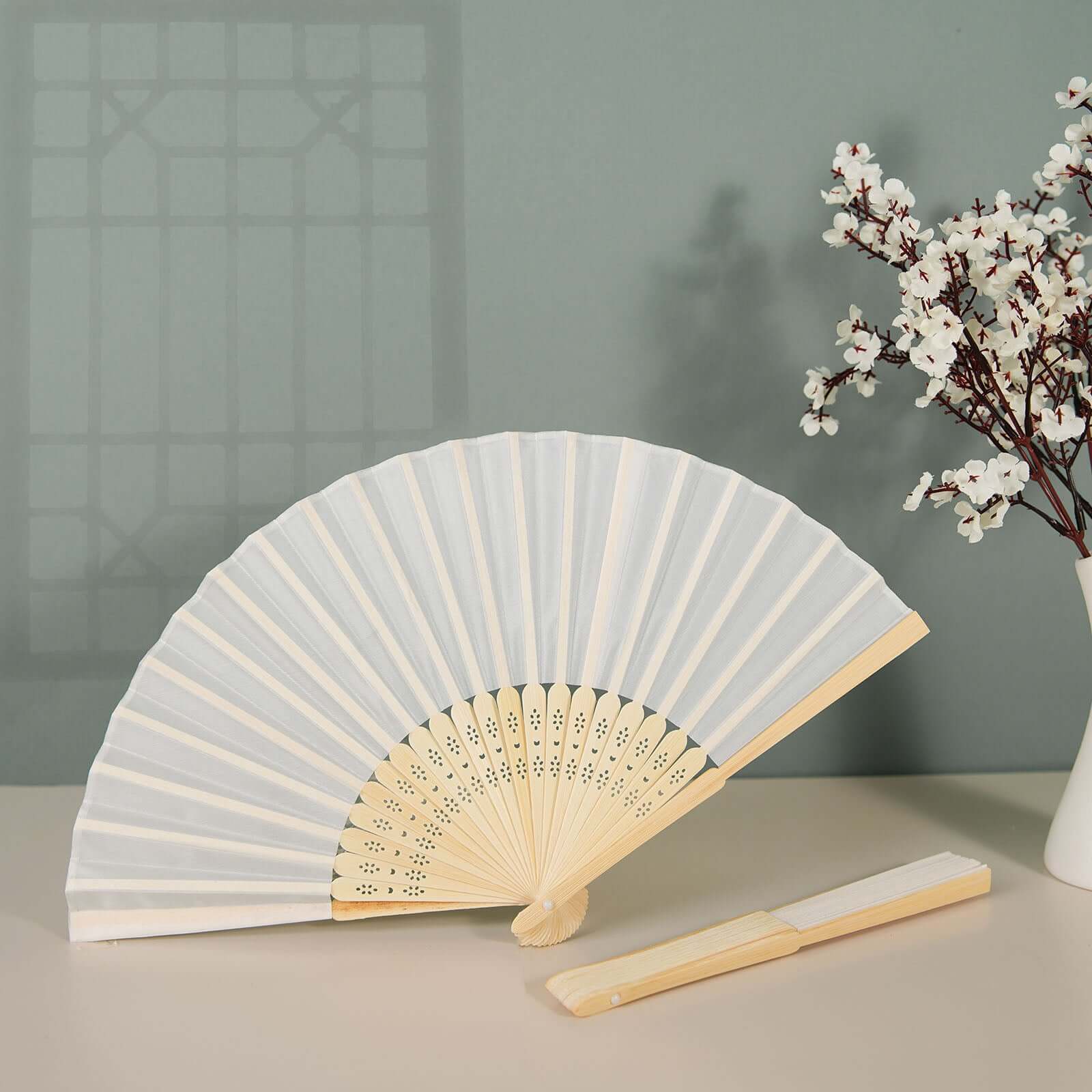 5 Pack White Asian Silk Folding Fans Party Favors, Oriental Folding Fan Favors