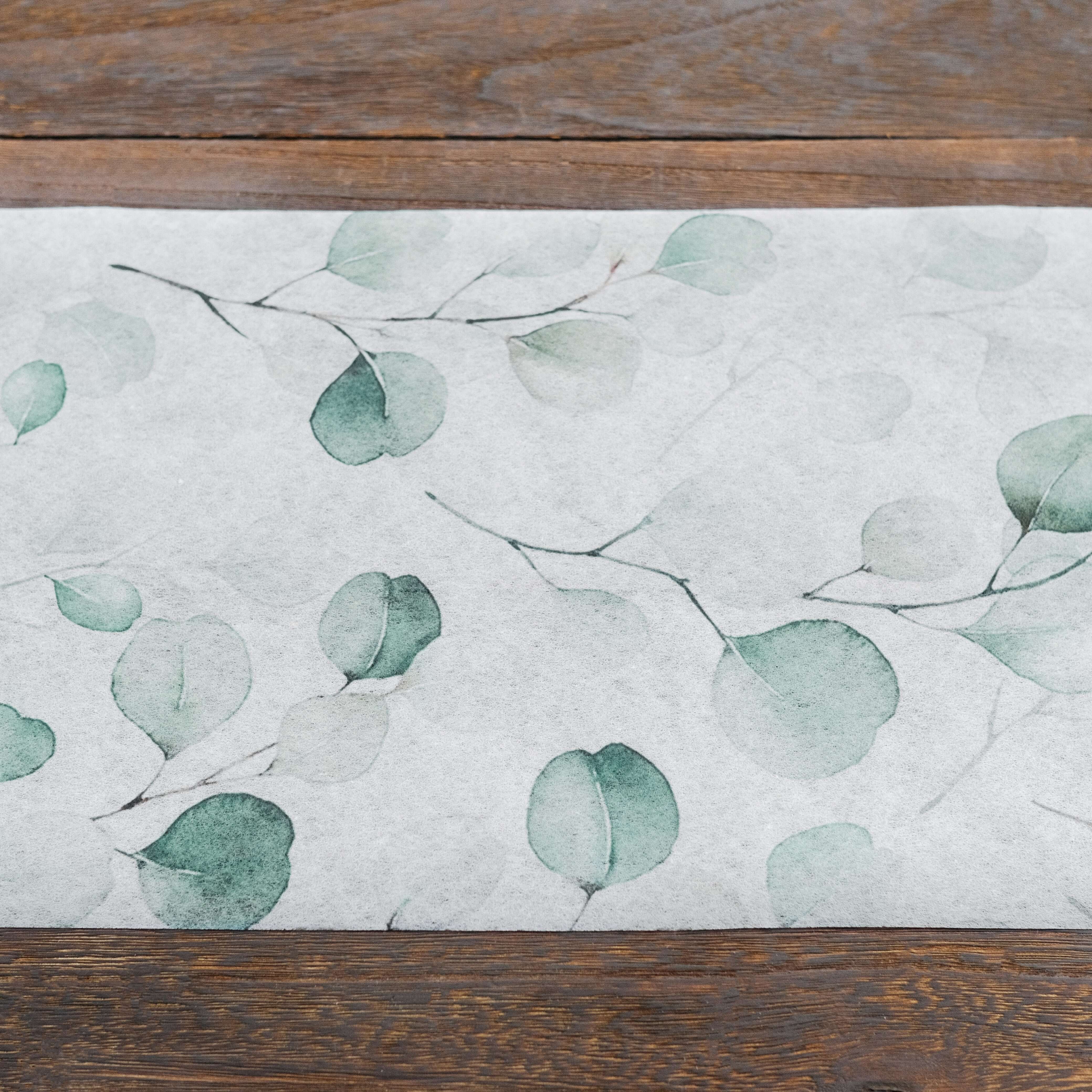 Disposable Table Runner 11"x108" White with Green Eucalyptus Leaves Print - Non-woven Stylish Spring Summer Dining Decor