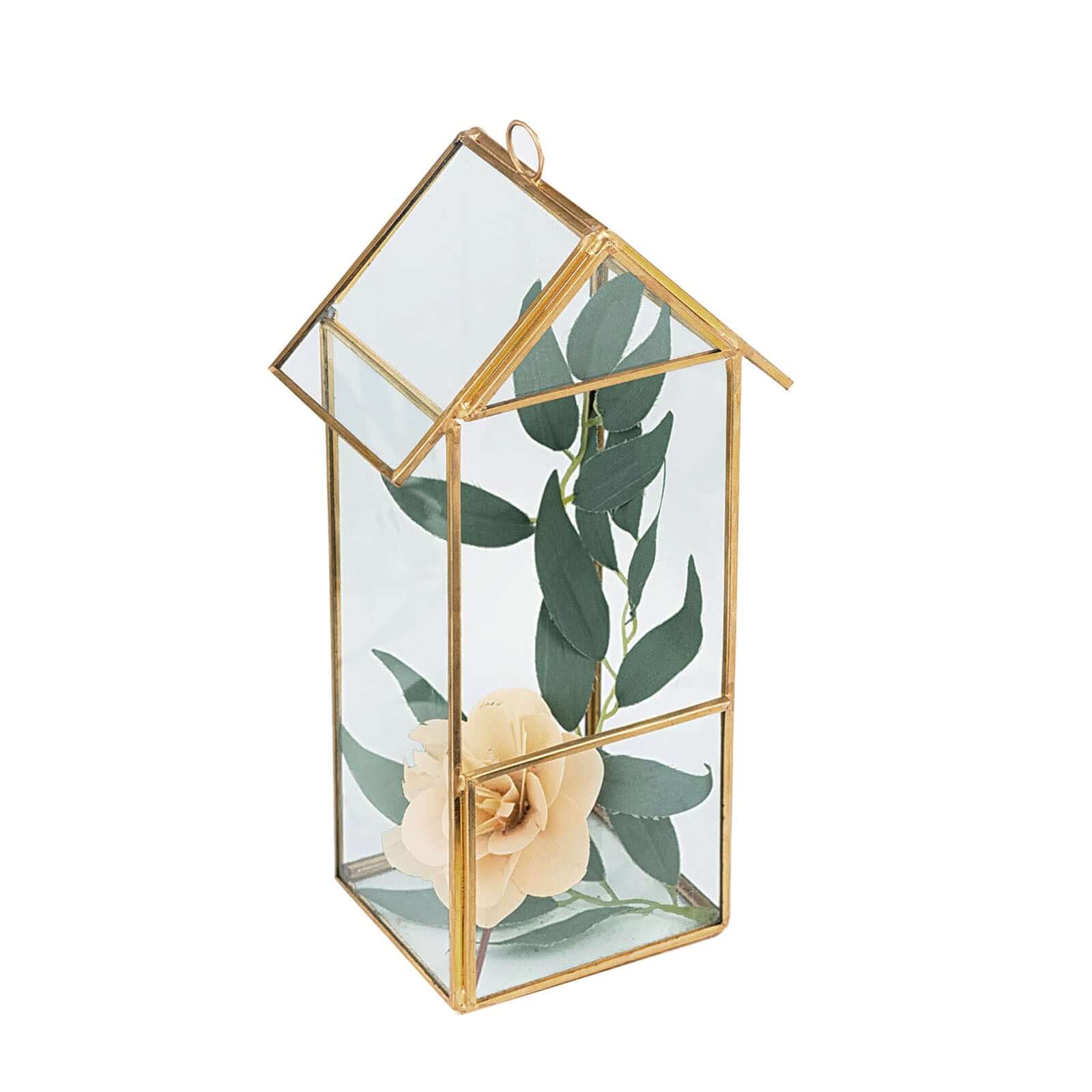 Glass Terrarium Hanging House Lantern Design Metal Gold - Versatile Holder for Air Plants & Displays 11"