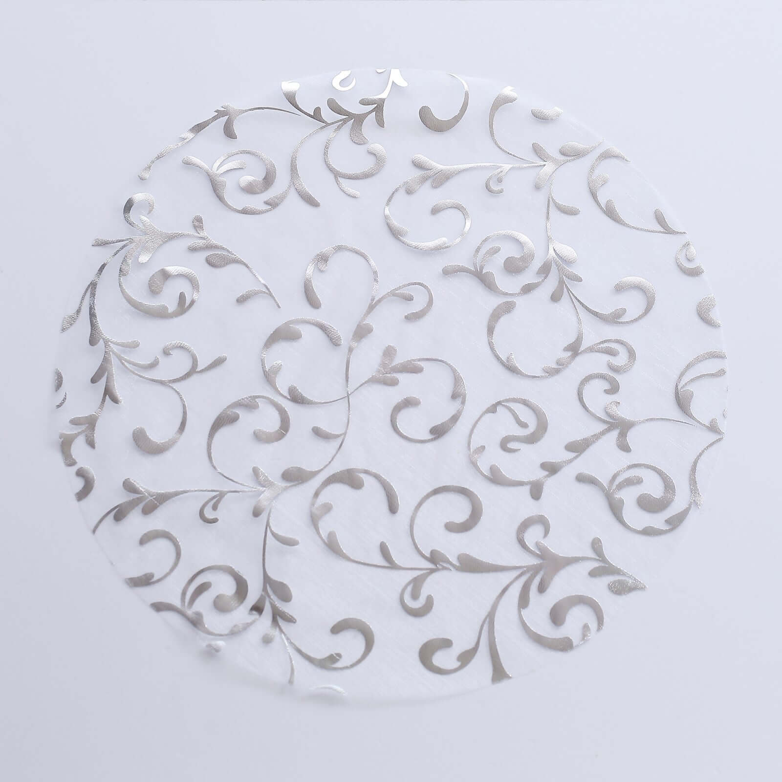 10-Pack Table Placemats Embossed Foil Flower Design Metallic Silver Round - Sheer Organza Disposable Mats 13"