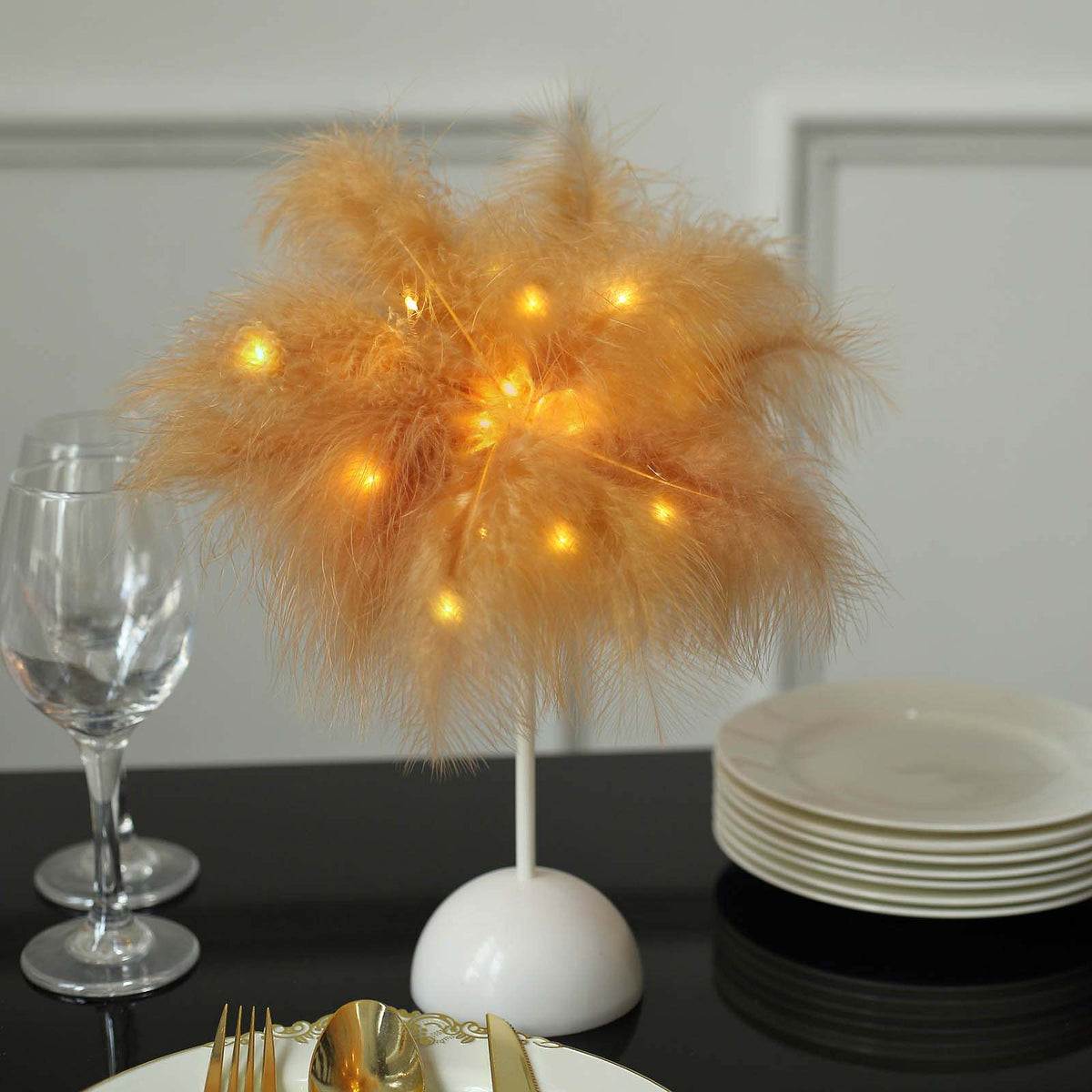 Table Lamp Feather Design Natural LED Battery Operated - Cordless Wedding Centerpiece 15"