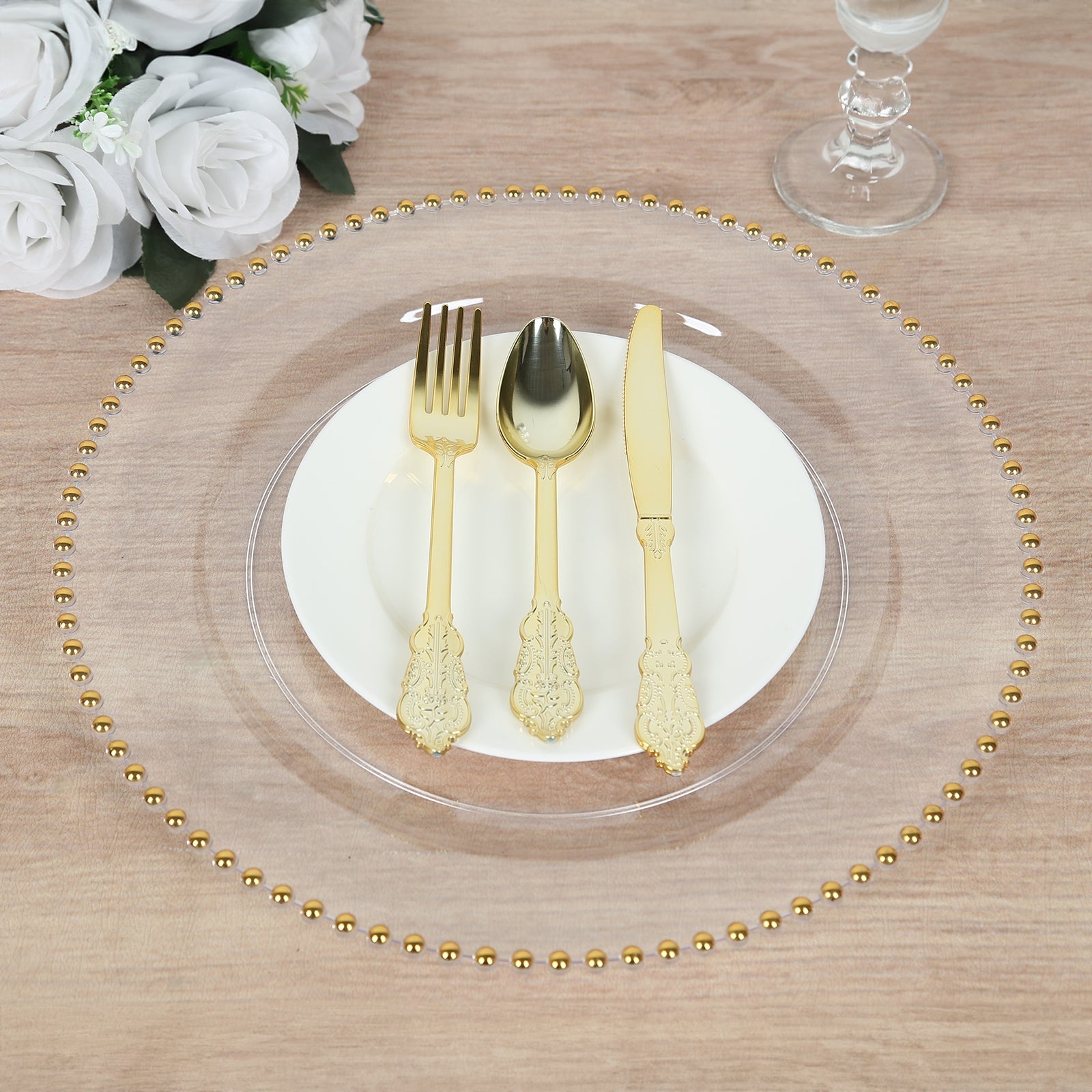 10-Pack Economy Round Plastic Charger Plates 13" in Clear with Gold Beaded Rim, Stylish Dinner Party Serving Plates