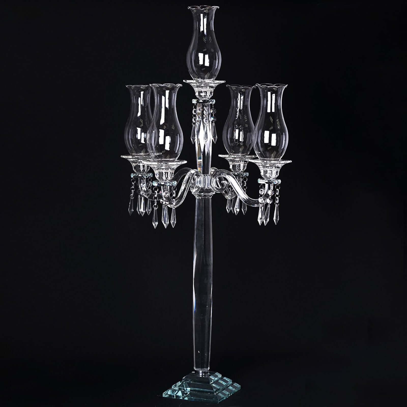 5 Arm Crystal Glass Taper Candle Holder Candelabra, Luxurious Table Centerpiece With Chandelier Chains 40"
