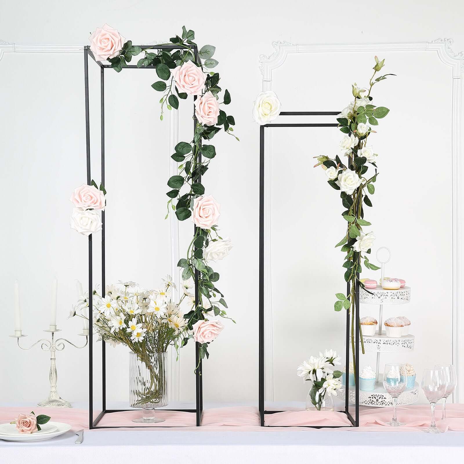 2-Pack Wedding Flower Stand Matte Black Metal Geometric Column Frame Rectangular - Versatile Floral Pedestal for Upscale Arrangements 48"