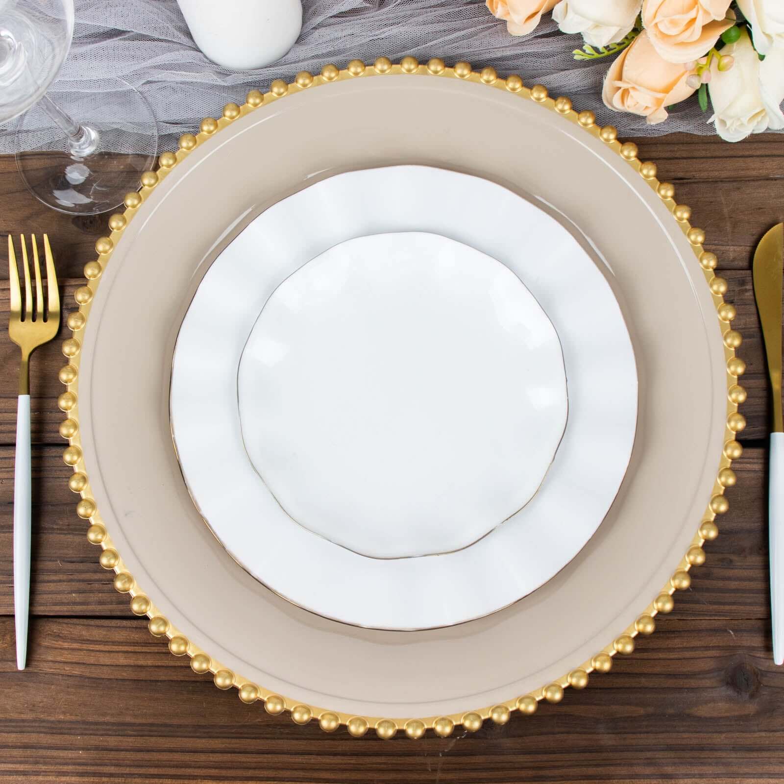 6-Pack Acrylic Round Charger Plates 13" in Taupe with Gold Beaded Rim, Decorative Dinner Party Charger Tableware