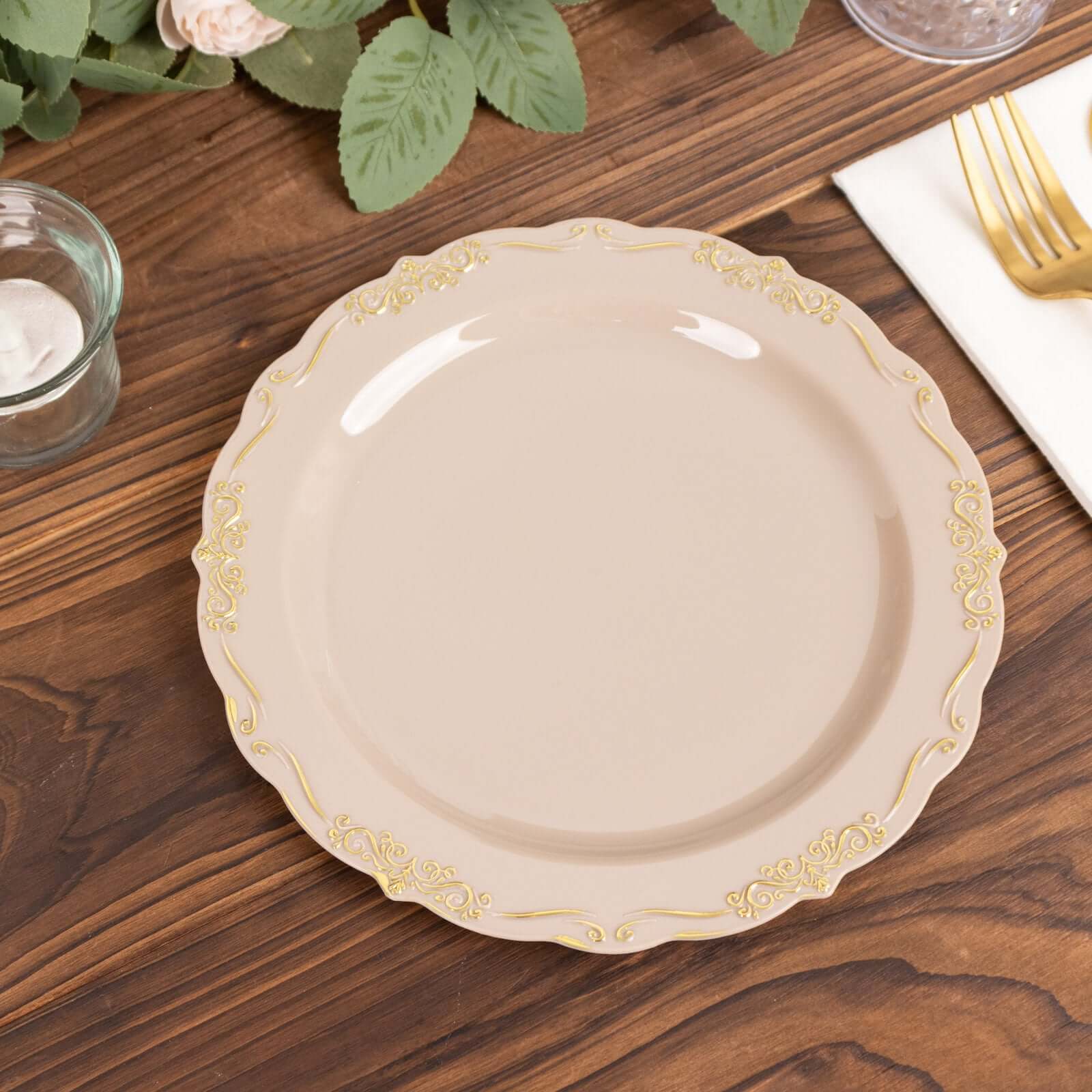 10-Pack Plastic 7" Round Dessert Plates in Taupe with Gold Vintage Embossed Rim - Sturdy Disposable Scalloped Edge Salad Plates