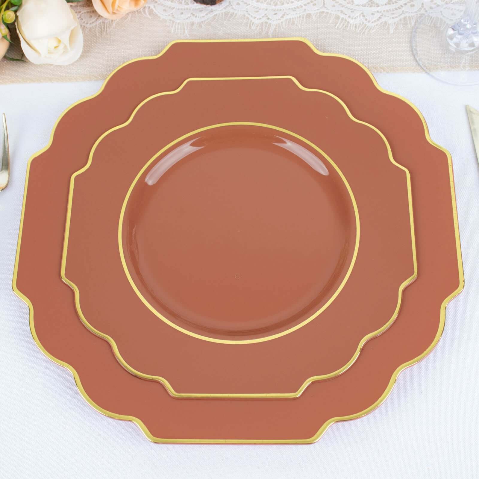 10-Pack Plastic Dessert Appetizer Plates in Terracotta (Rust) Baroque Design with Scalloped Gold Rim - Heavy Duty Disposable Salad Plates 8"