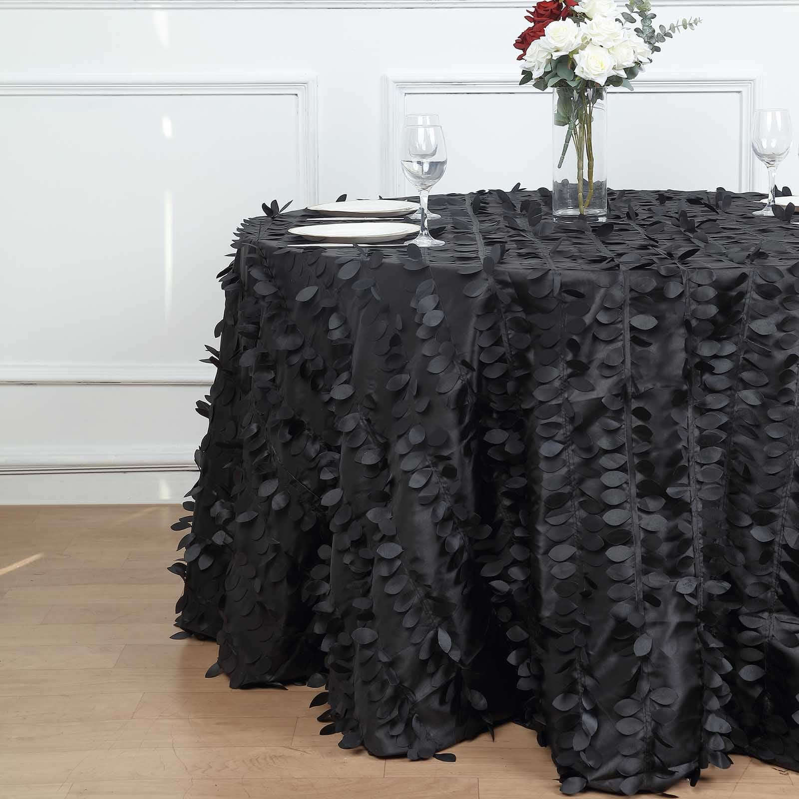 Taffeta 120" Round Tablecloth Black | 3D Leaf Petal Design Seamless Table Cover
