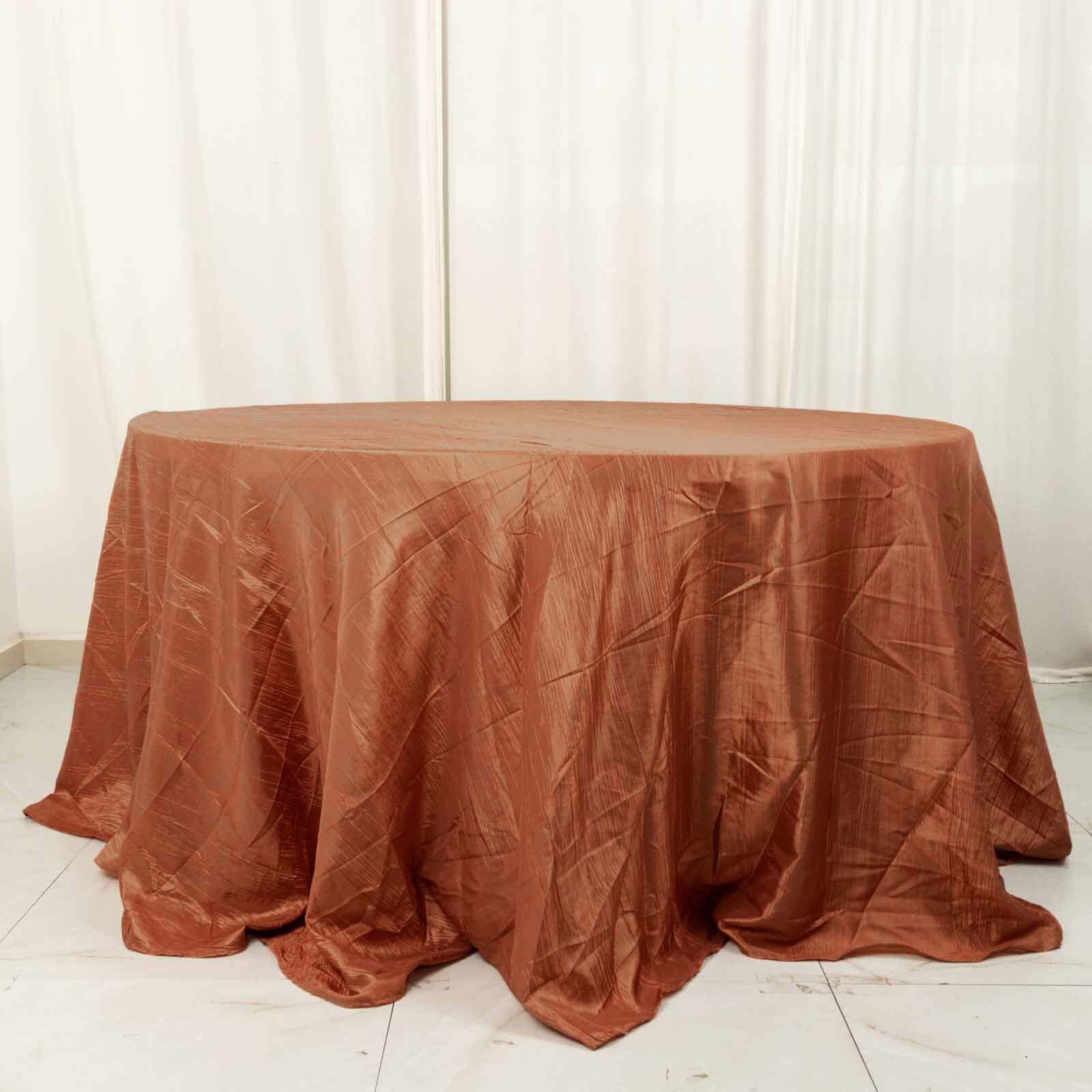 Taffeta 132" Round Tablecloth Terracotta (Rust) - Seamless Accordion Crinkle Table Cover