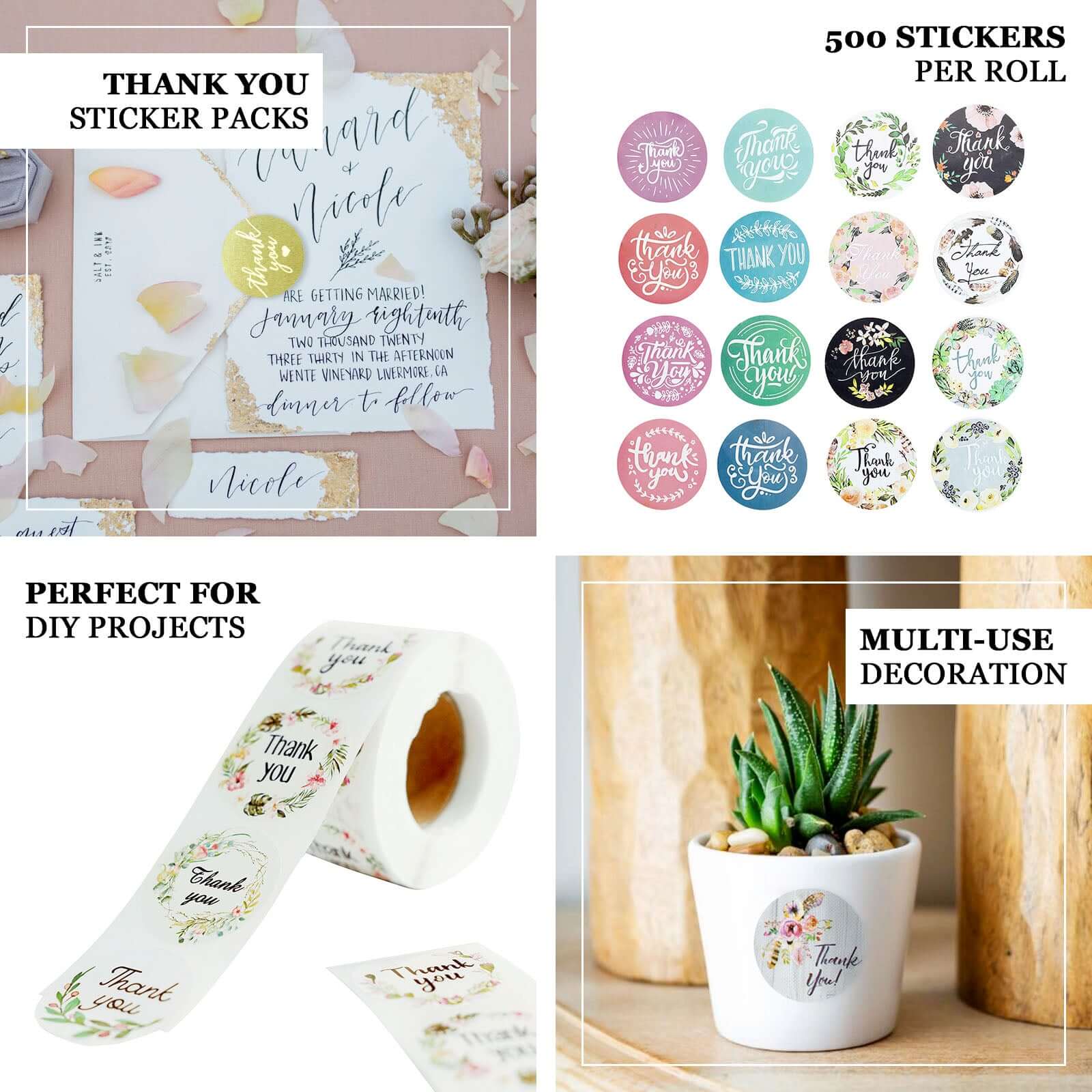 1000Pcs 1.5" Thank You Assorted Styles Sticker Rolls, Labels and Seals For DIY Envelope - Round