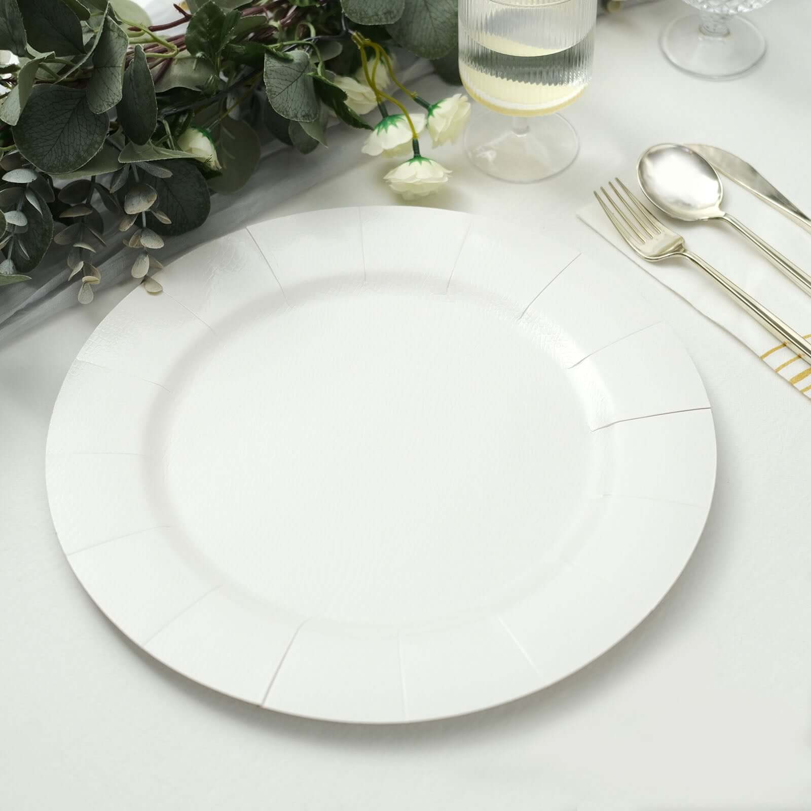 10-Pack Disposable Round Charger Plates in White with Leathery Texture - Durable 1100GSM Cardboard Placemats for Dinner Parties & Banquets 13"