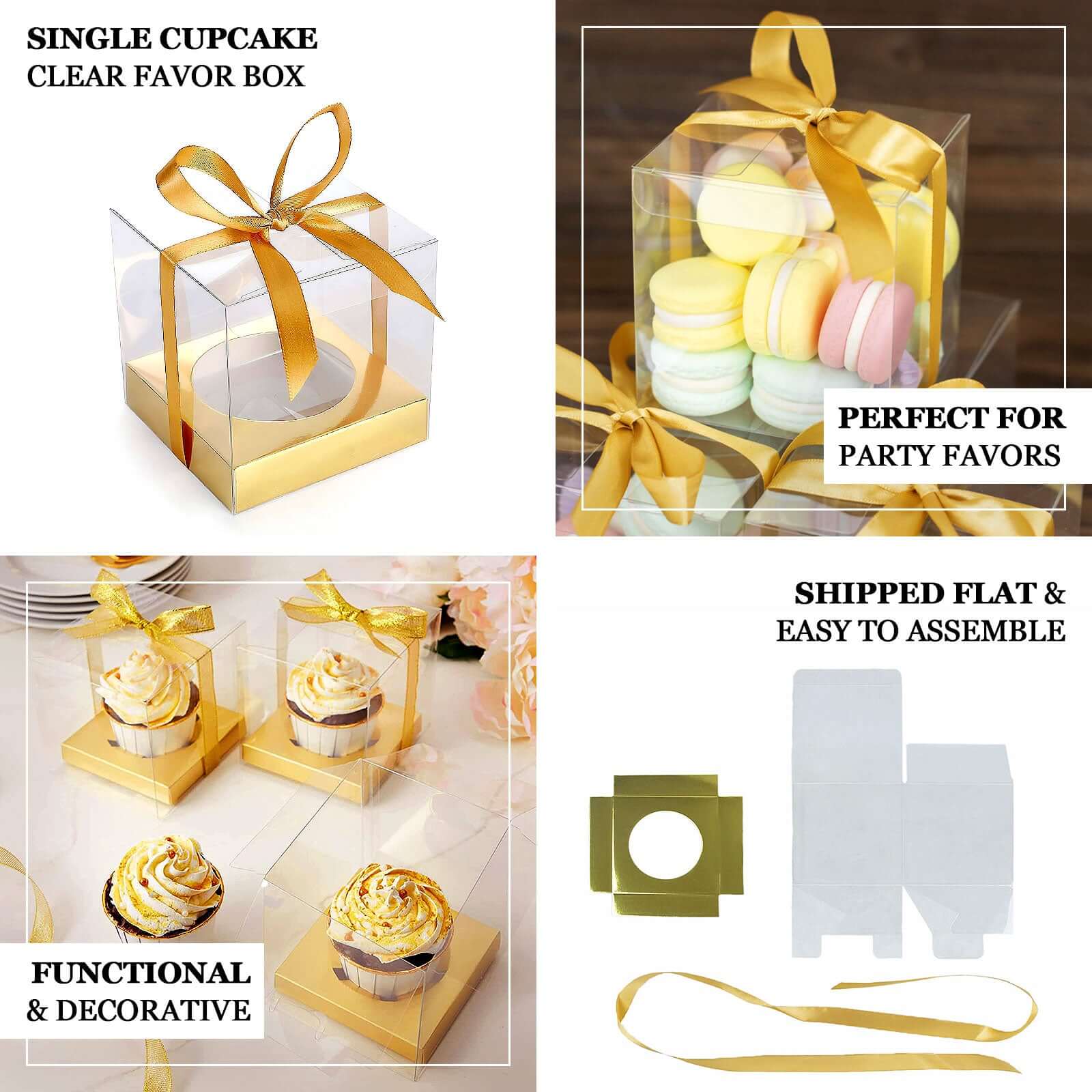 12 Pack 3.5" Clear Metallic Gold Disposable Cupcake Boxes With Ribbon Tie, Plastic Wedding Favor Boxes