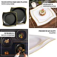 10-Pack Plastic 10" Square Dinner Plates in Clear with Gold Wavy Rim Modern - Disposable Party Plates