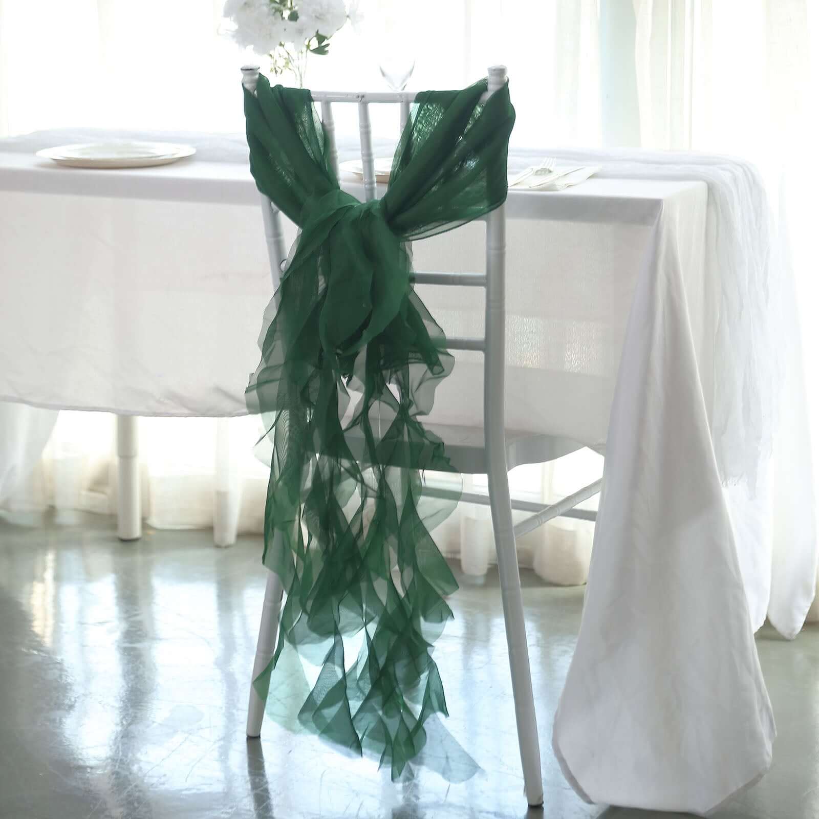 Chiffon Chair Sash with Curly Design Hunter Emerald Green - Stylish Chair Decorations