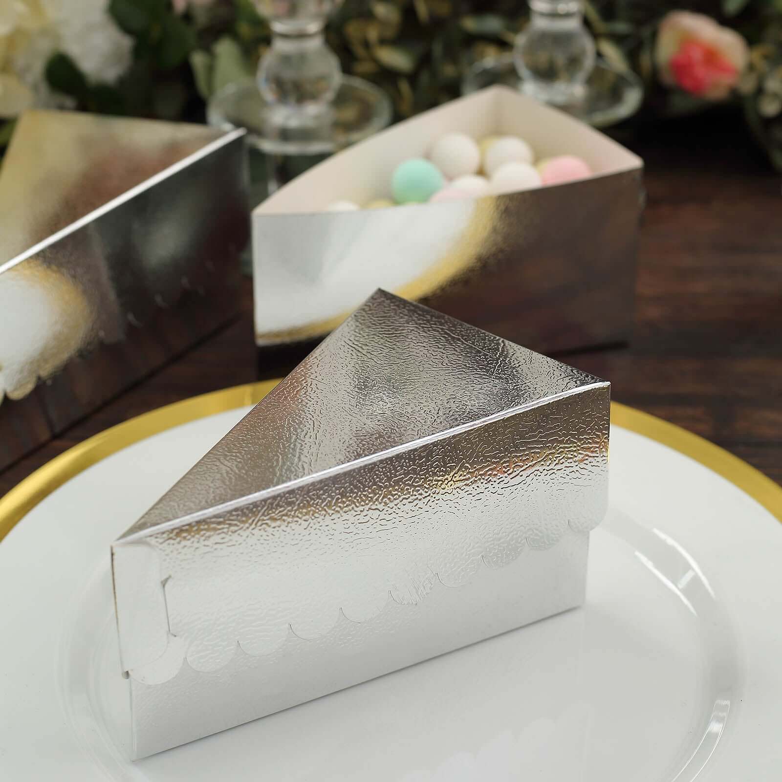 10-Pack Cardstock Triangle Cake Slice Boxes Metallic Silver with Scalloped Top - Decorative Takeaway Dessert Containers for Pie Snacks & Party Favors 5"x3"