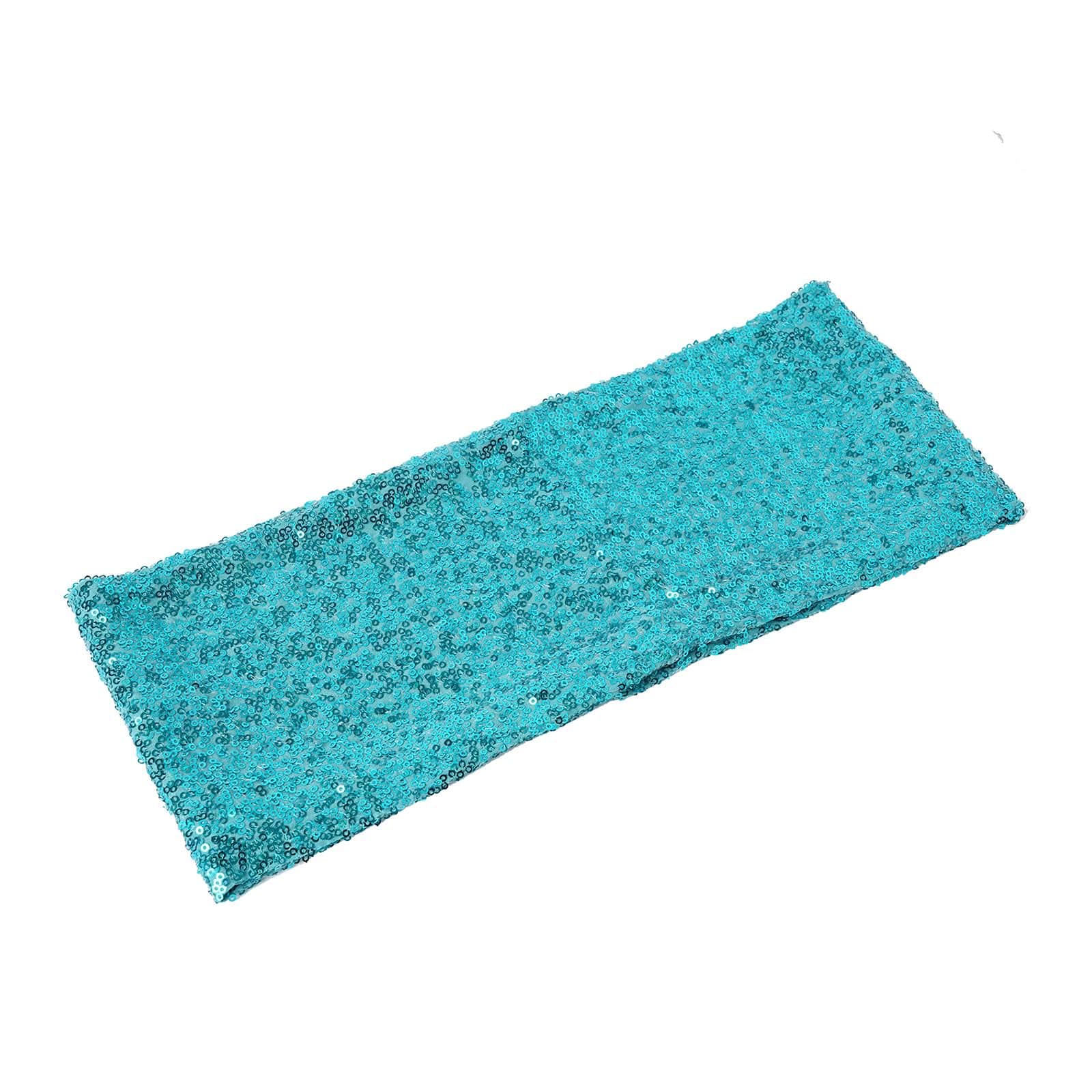 5 Pack Sequin Spandex Chair Sashes Turquoise - Stretch Chair Bands 6"x15"
