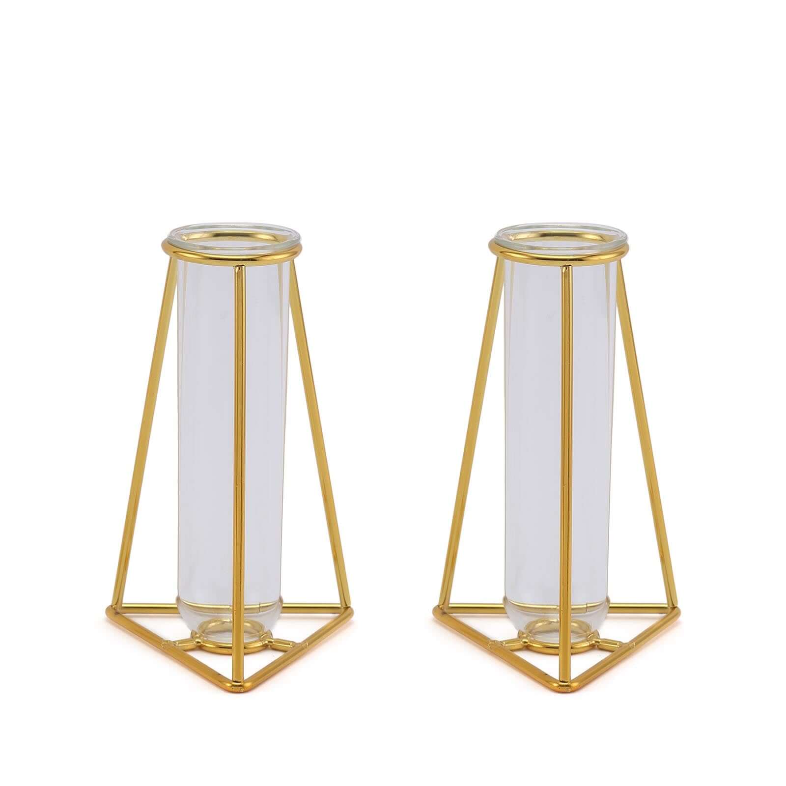 2-Pack Mini Wedding Centerpieces Gold Metal Frame Triangular Geometric Design - Test Tube Bud Vases 6"