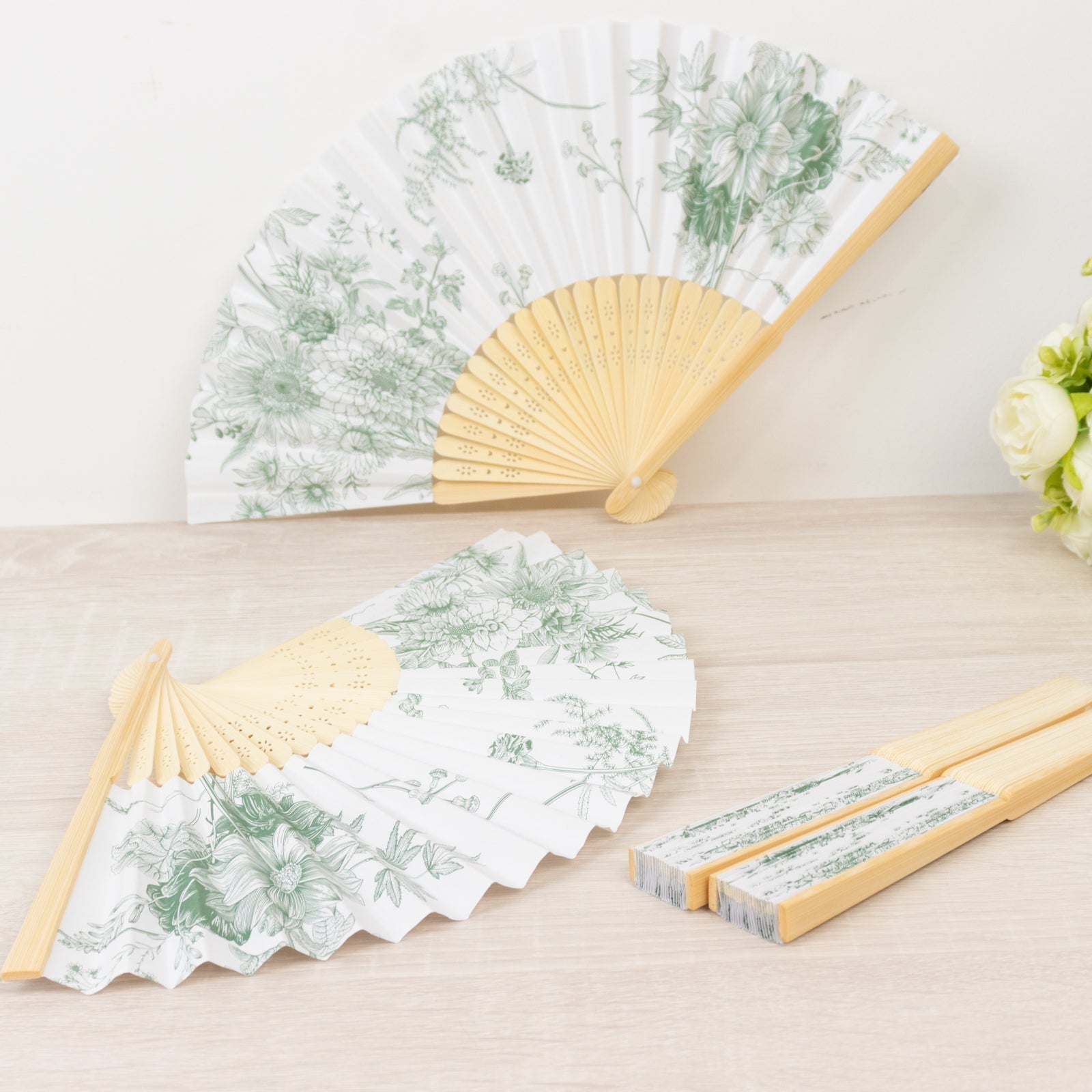 5-Pack Paper Folding Fans Party Favors in White & Sage Green French Toile Pattern, Handheld Fans with Bamboo Frame